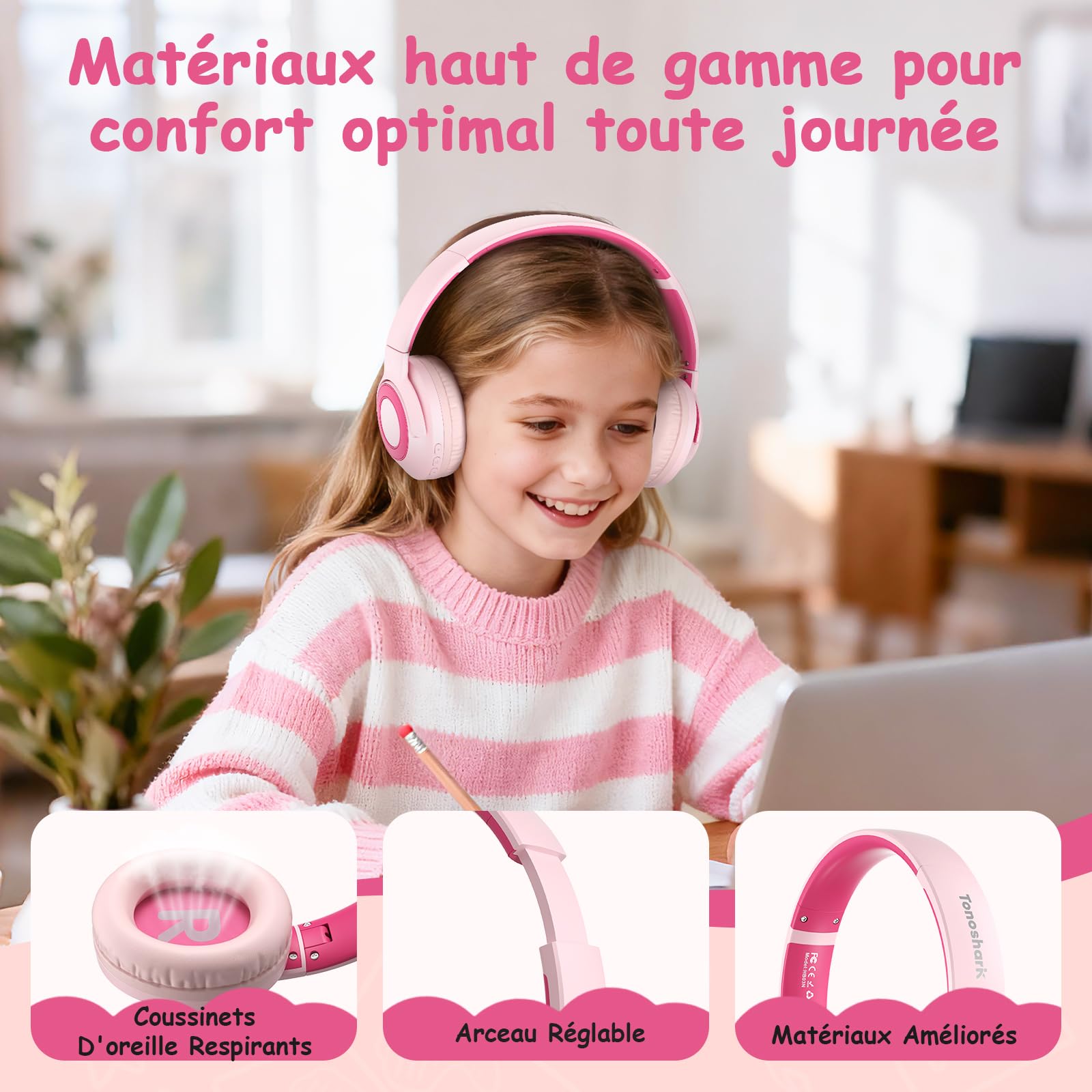 TONOSHARK Casque Bluetooth sans Fil Enfant, Casque Anti-Bruit Enfant Audio | Légère, 60h Autonomie, Micro Intégré, Over-Ear Bluetooth Headphones, pour école/Maison/Voyage – étui Inclus (Rose)