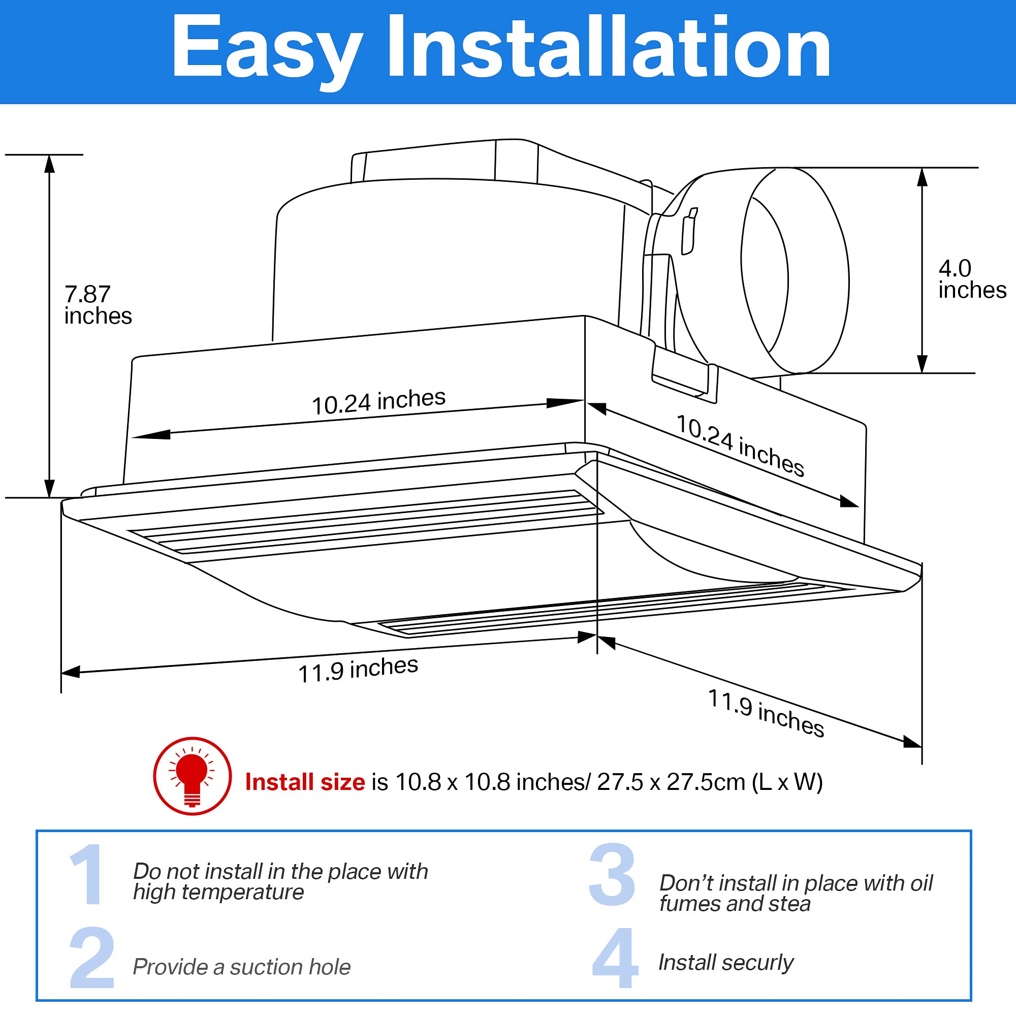 Bathroom Exhaust Fan Shower Ceiling Ventilation with LED Light, ETL