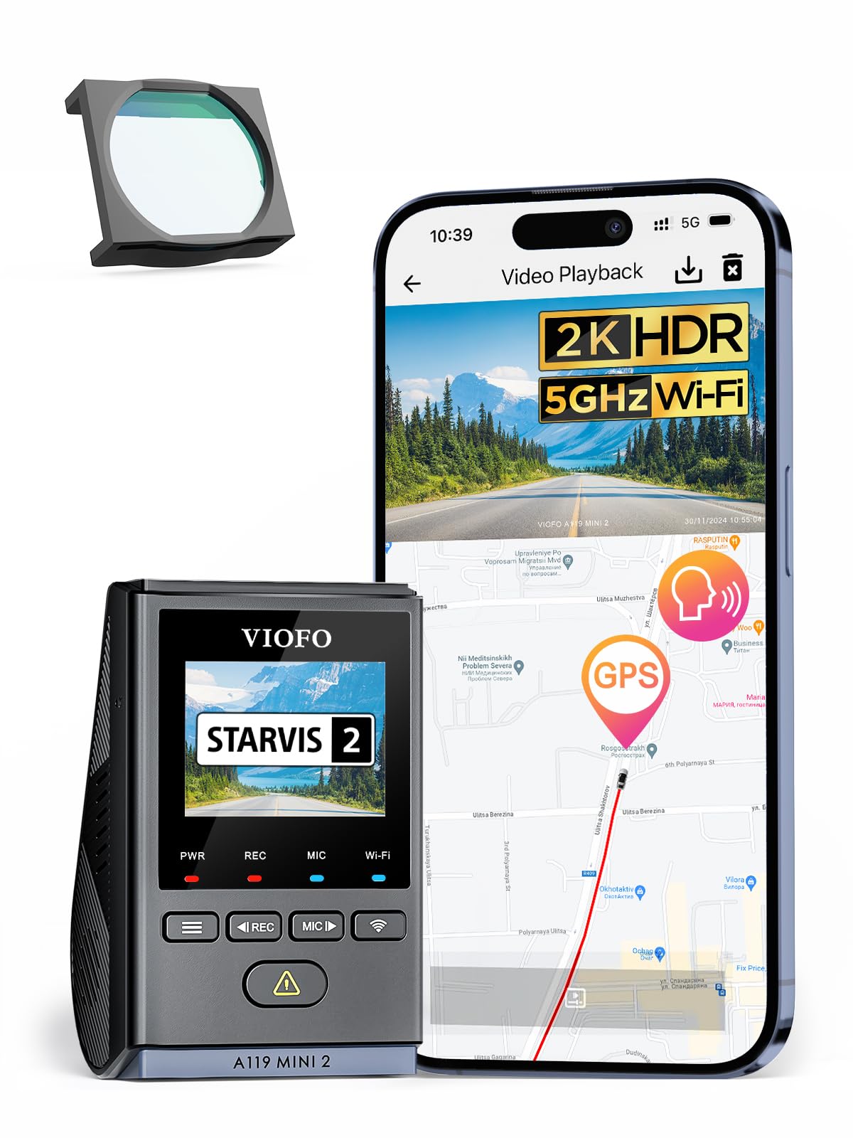 【A119 MINI 2+CPL-100】 VIOFO Dashcam A119 Mini 2, Front 2,7K 5GHz Wi-Fi, 2K 60fps/HDR 30fps Sprachsteuerung, STARVIS 2 Verbesserte Nachtsicht, 1,5" LCD Versteckte Dash Cam Auto