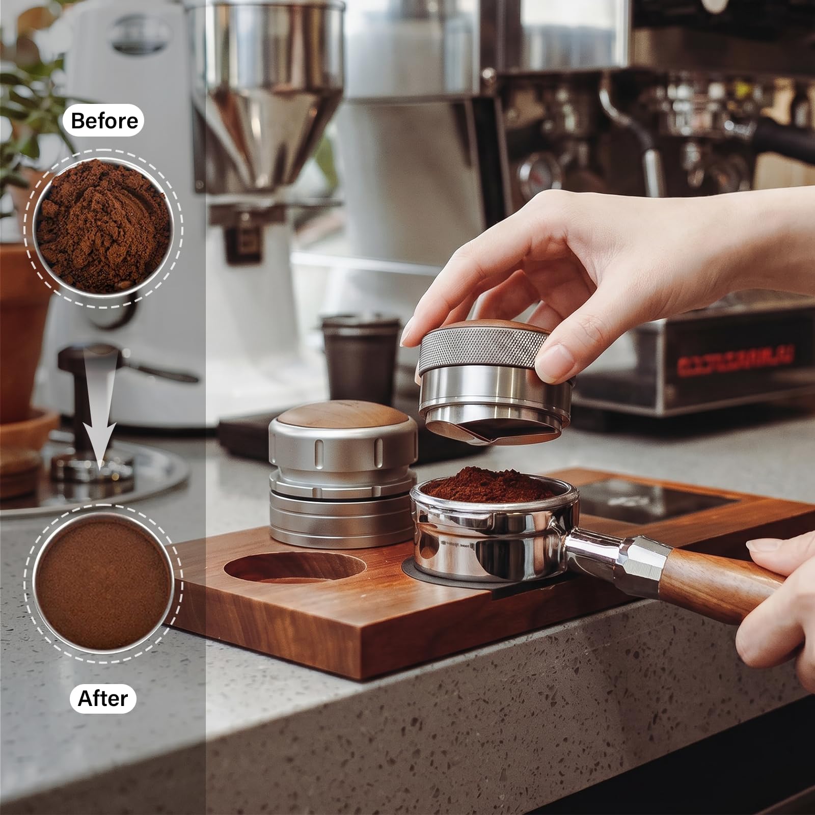 CrossCreek Dystrybutor espresso 58 mm, regulowana głębokość pasuje do wszystkich portafiltrów do espresso 58 mm, Breville/Rancilio/La Marzocco, narzędzia do dystrybucji ze stali nierdzewnej i orzecha