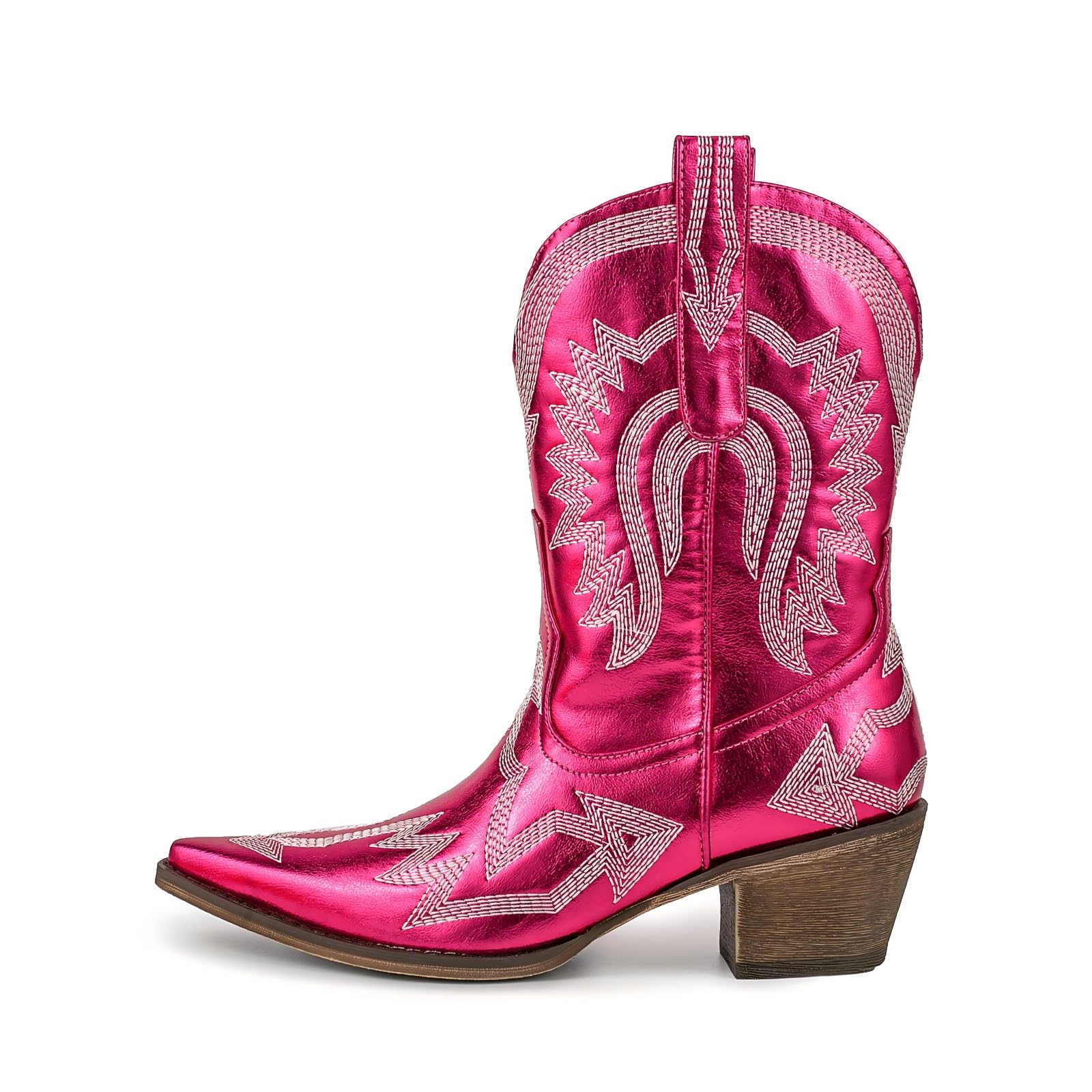 Womens Embroidered Cowgirl Boots Calf Thick Heels Pointed Head Country Music Festival Vintage Western Metal Cowboy Ankle Boot