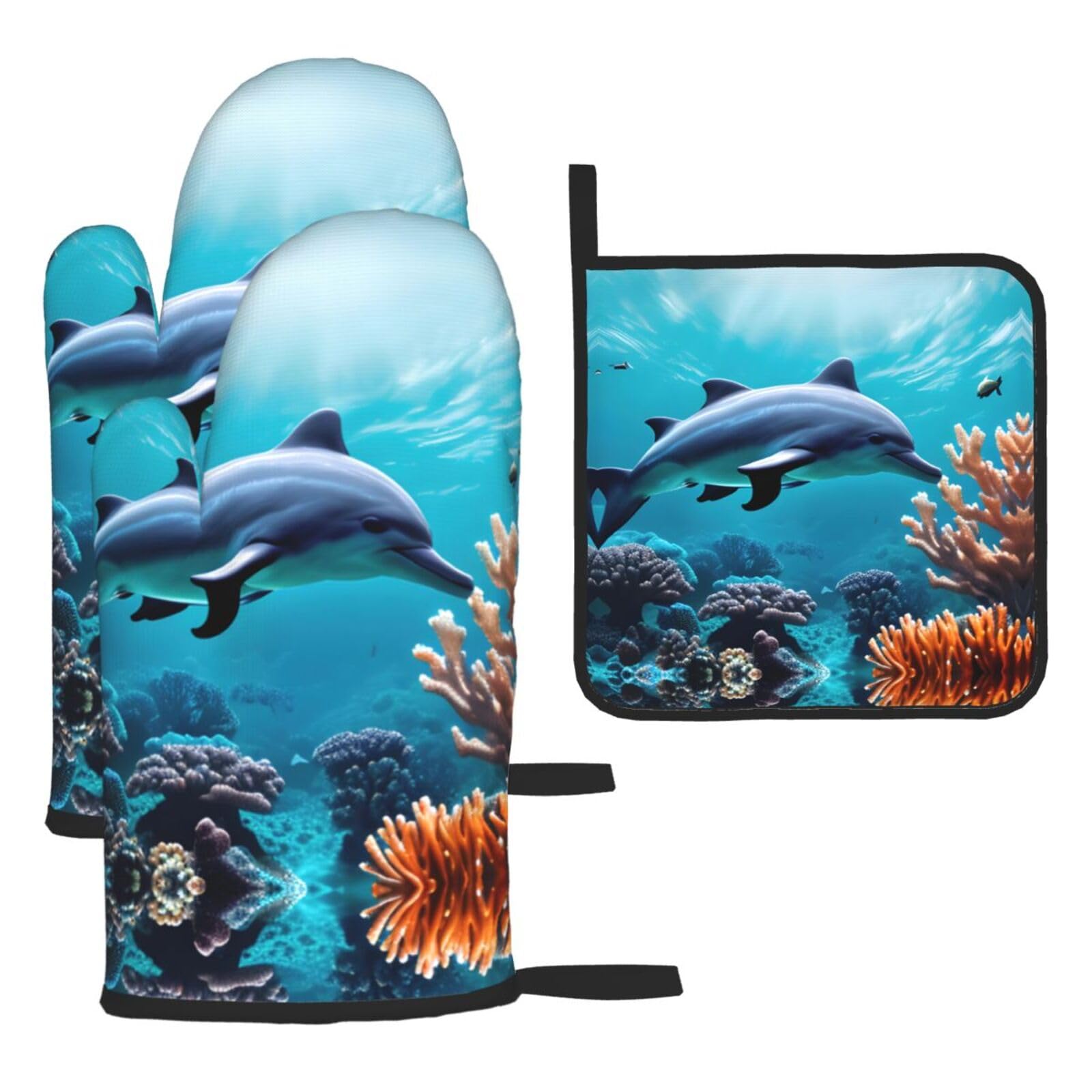 Beautiful Underwater World Dolphins Coral Print Oven Kitchen Gloves For Baking Outdoor Grilling Home Use Mitts Microwaving Bbq