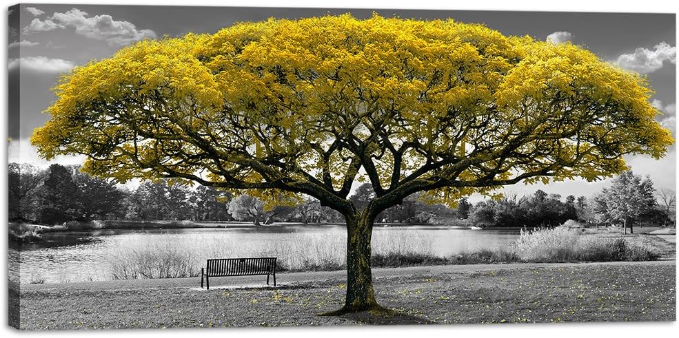 Large Canvas Wall Art for Living Room Black and White Themed Yellow Tree Landscape Picture Print on Canvas Modern Framed Artwork Decoration for Home Bedroom Decor 30x60in