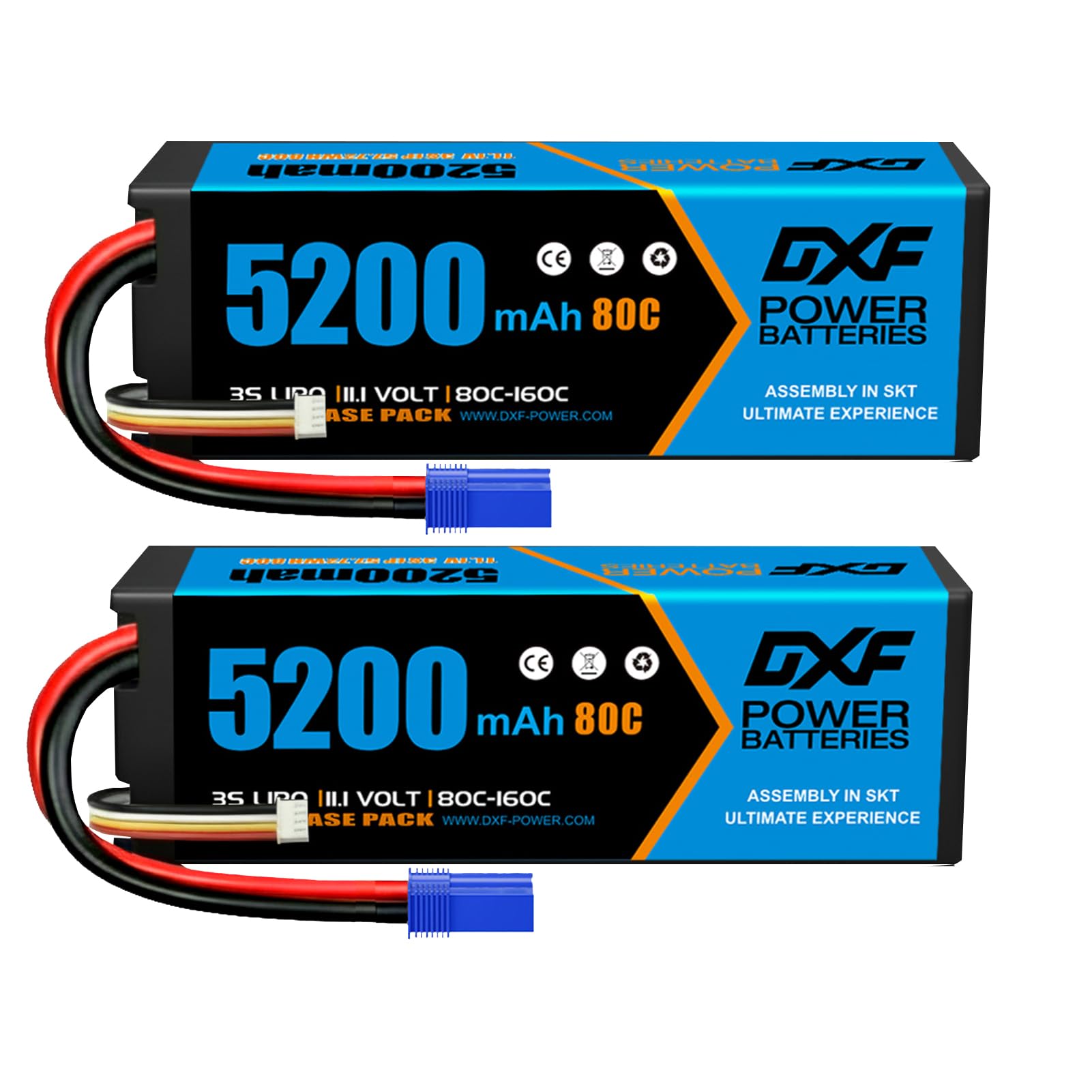 DXF 2 Pack Batería LiPo 3S 11.1V 5200mAh 80C Conector EC5 Helicóptero Avión Coche RC Barco Drone Multirotor Buggy Truggy 1/8 1/10 Polímero Litio Alta Descarga Brushless