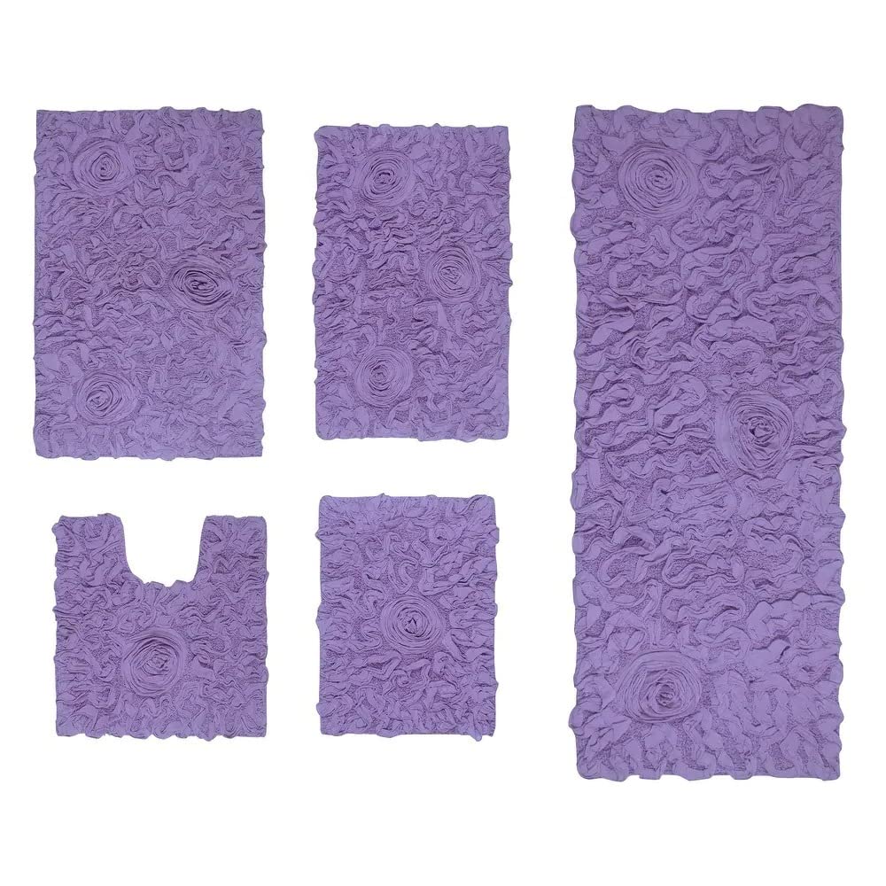 Functional Durable Purple Plum Cotton Bathroom Rugs Sets 5 Piece with Pretty Floral Tufted Pattern On Solid Background