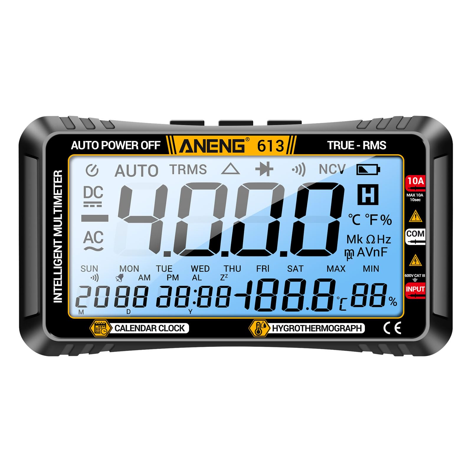 Telituny ANENG 613 3 in 1 Smart Multimeter Perpetual Calendar Temperature Hygrometer 4000 Counts Digital AC/DC Curent Voltage Capacitor Tester Professional Test Tools (Black)