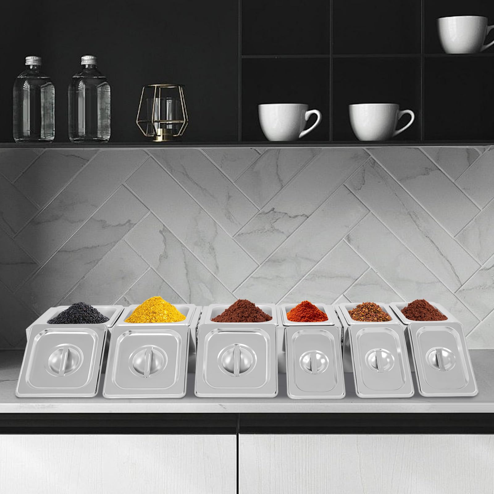 Lot de 6 pots à épices en acier inoxydable avec étagères et couvercle, pour le stockage du sucre, du sel, des sauces, du vinaigre, 11 x 17,5 x 6,5 cm/16,5 x 17,5 x 6,5 cm