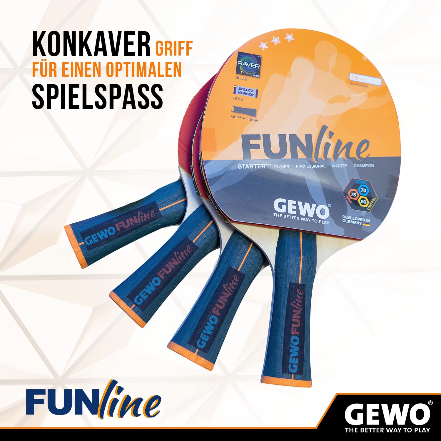 GEWO Family & Friends Set di racchette da ping pong – 4 racchette da ping pong per hobby e tempo libero con 8 palline TT e pratica custodia – racchetta completa con rivestimento Raver, manico concavo