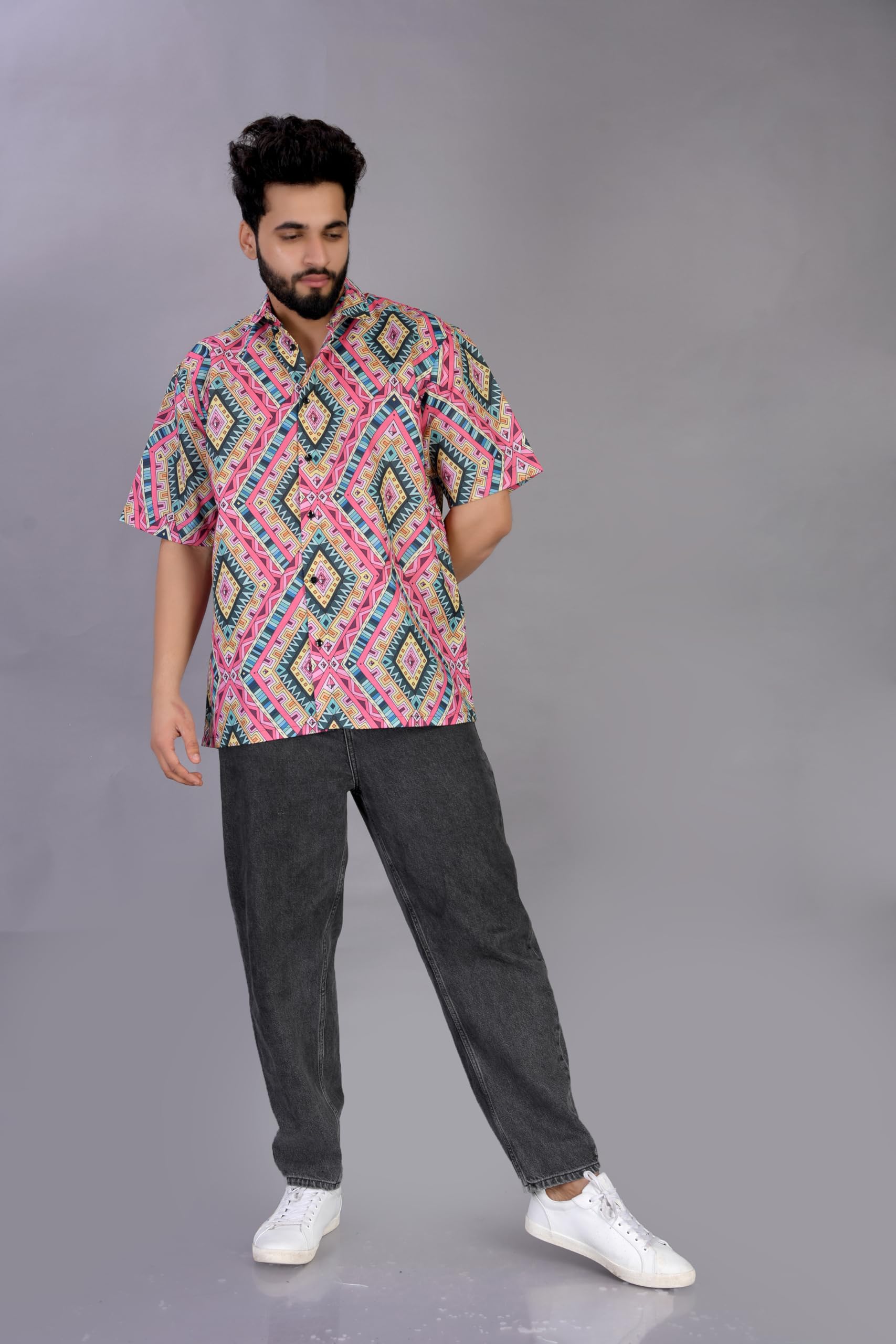 BROWN CULTURE Camicia da uomo con stampa in misto cotone, collo alto, mezza manica, orlo dritto oversize, lunghezza e chiusura con bottoni, camicia formale da uomo
