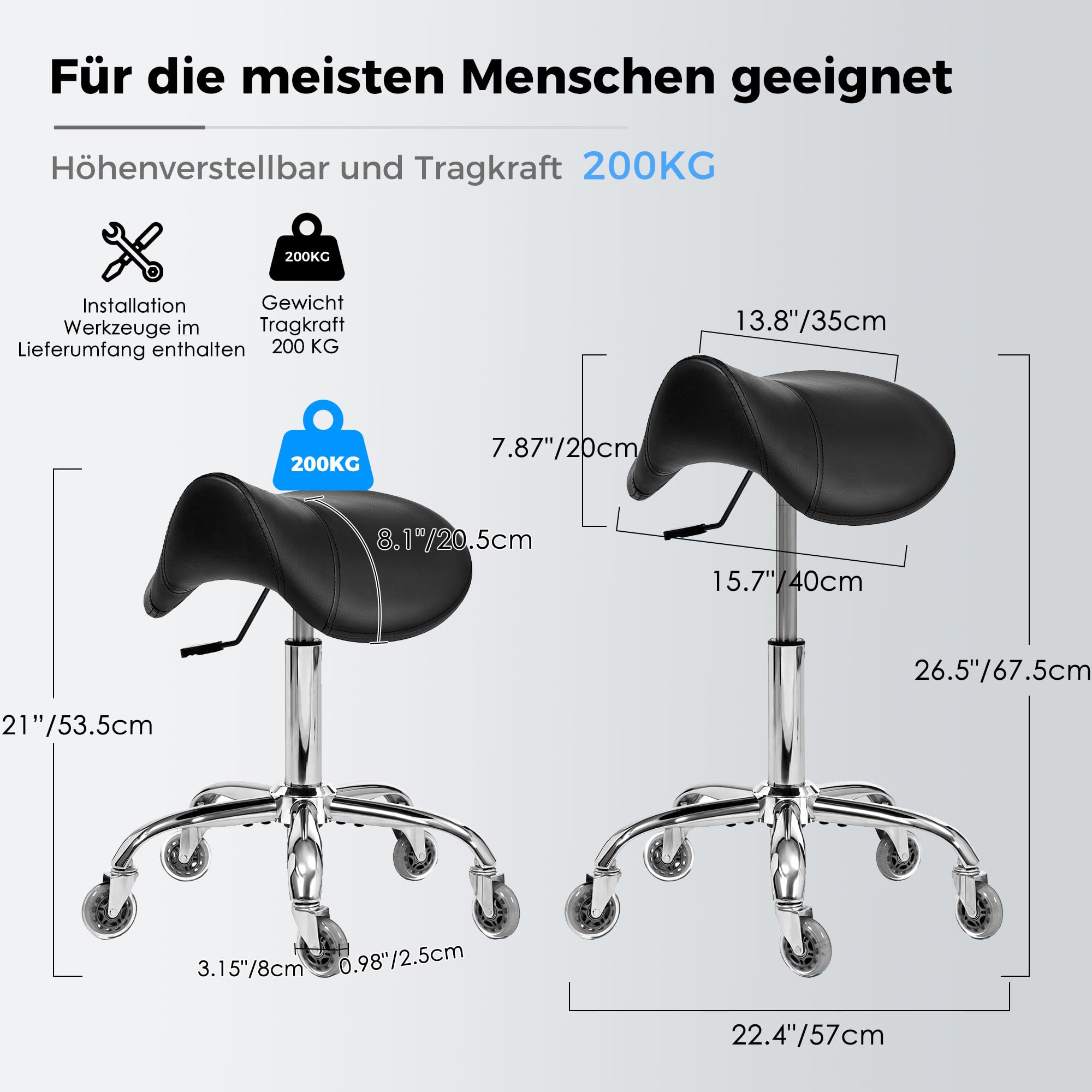 BEWISHOME Sattelhocker mit Rollen,Schwenkbarer,Verstellbarer Rollhocker, strapazierfähiges PU-Leder mit breitem Sitzpolster, ergonomisch für Schönheitssalons, Spas und Kliniken (Schwarz), EBMD01B