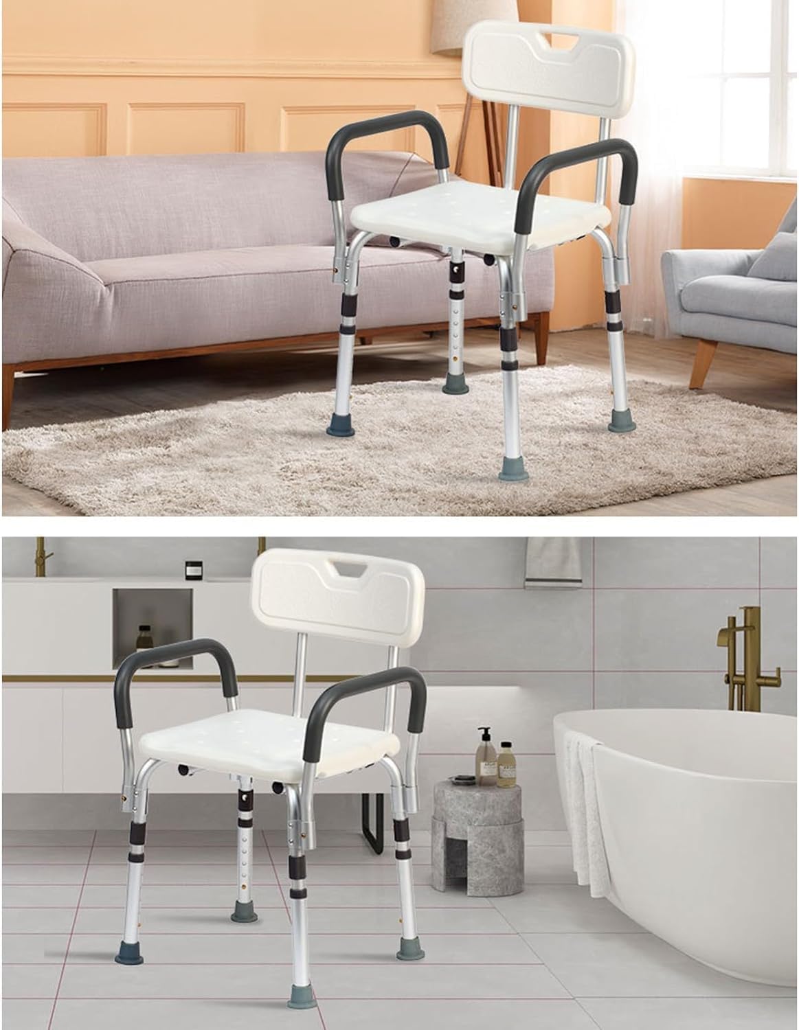 Silla de Ducha Ajustable con Respaldo y Brazos, Asiento de baño Antideslizante, Asiento de Taburete de Ducha, Silla de baño for Adultos Mayores discapacitados