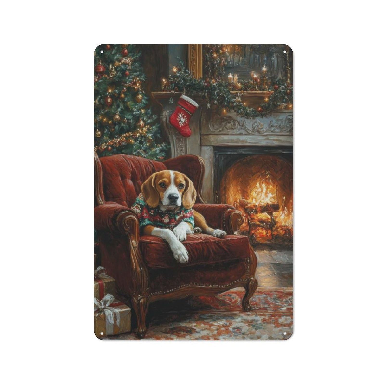 Junmoney Dog In Christmas Sweater Beagle Waiting For Metal Wall Sign 30X20cm Featuring Santa For Living Room Wall, For Decorating Living Rooms And Feature Walls
