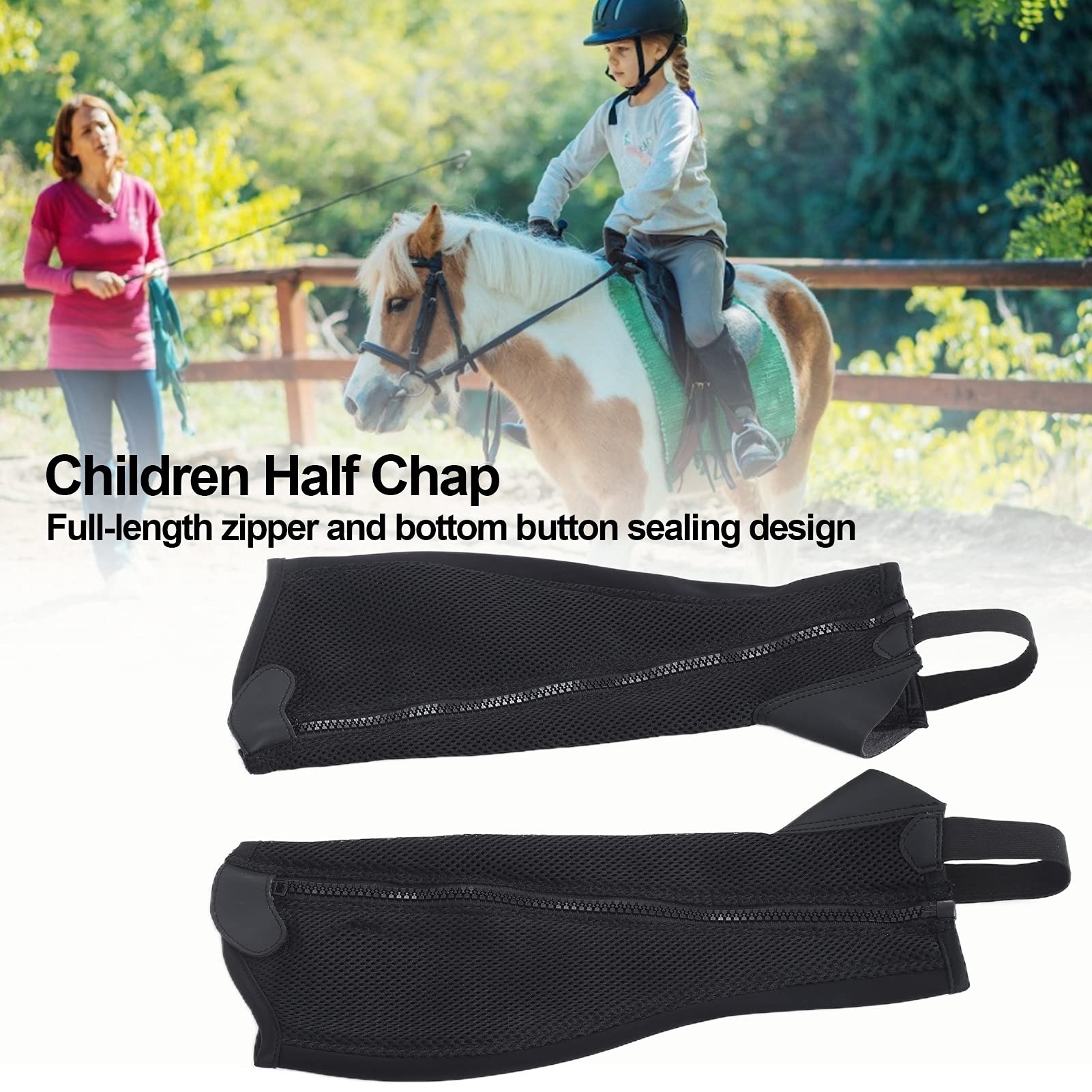 2 Stück Half Chap, schwarz, Flexibles Mesh-Reitsport-Half Chap für Kinder, Reitschutz