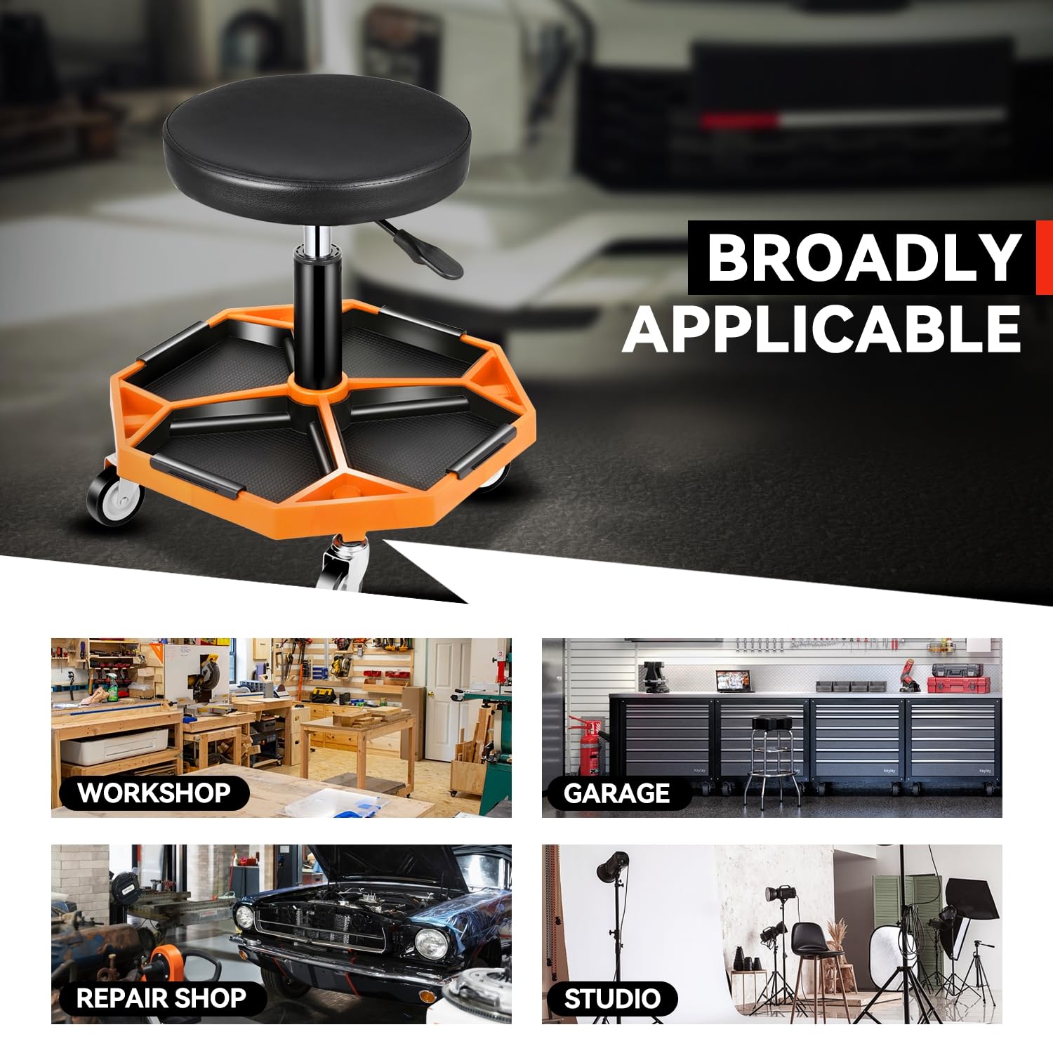 Auto Dynasty Taburete mecánico, asiento neumático ajustable con bandeja de herramientas, asiento de rodillo de 300 libras para reparación de automóviles de taller, altura ajustable de 15.7 a 21