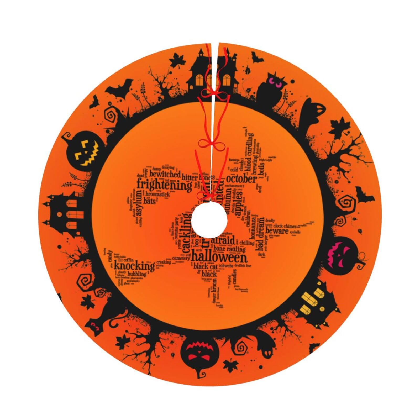 Halloween Witch Flying Over Christmas Tree Skirt 36-Inch, Rustic Pumpkin Fall Decorations for Holiday Party, Indoor/Outdoor Xmas Tree Mat