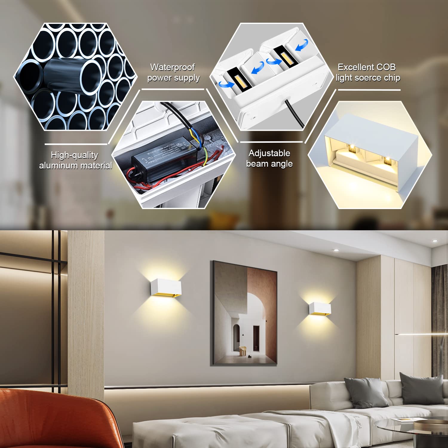 Kingwen 2 Pezzi 20W Applique da Parete Interno/Esterno 3000K Bianco Caldo Angolo del Fascio Regolabile Bianco Lampade IP65 Impermeabile