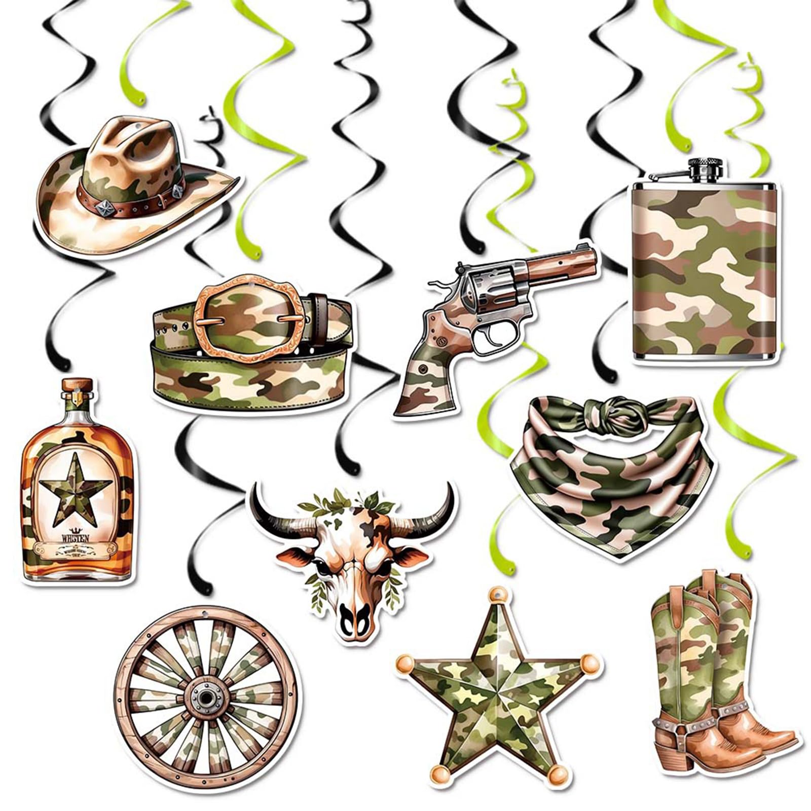 Western Cowboy Party Hanging Swirl Decorations, Camo Country Theme Decor for Wild West Birthday, Rodeo Party, Barn Dance (10 Pieces)