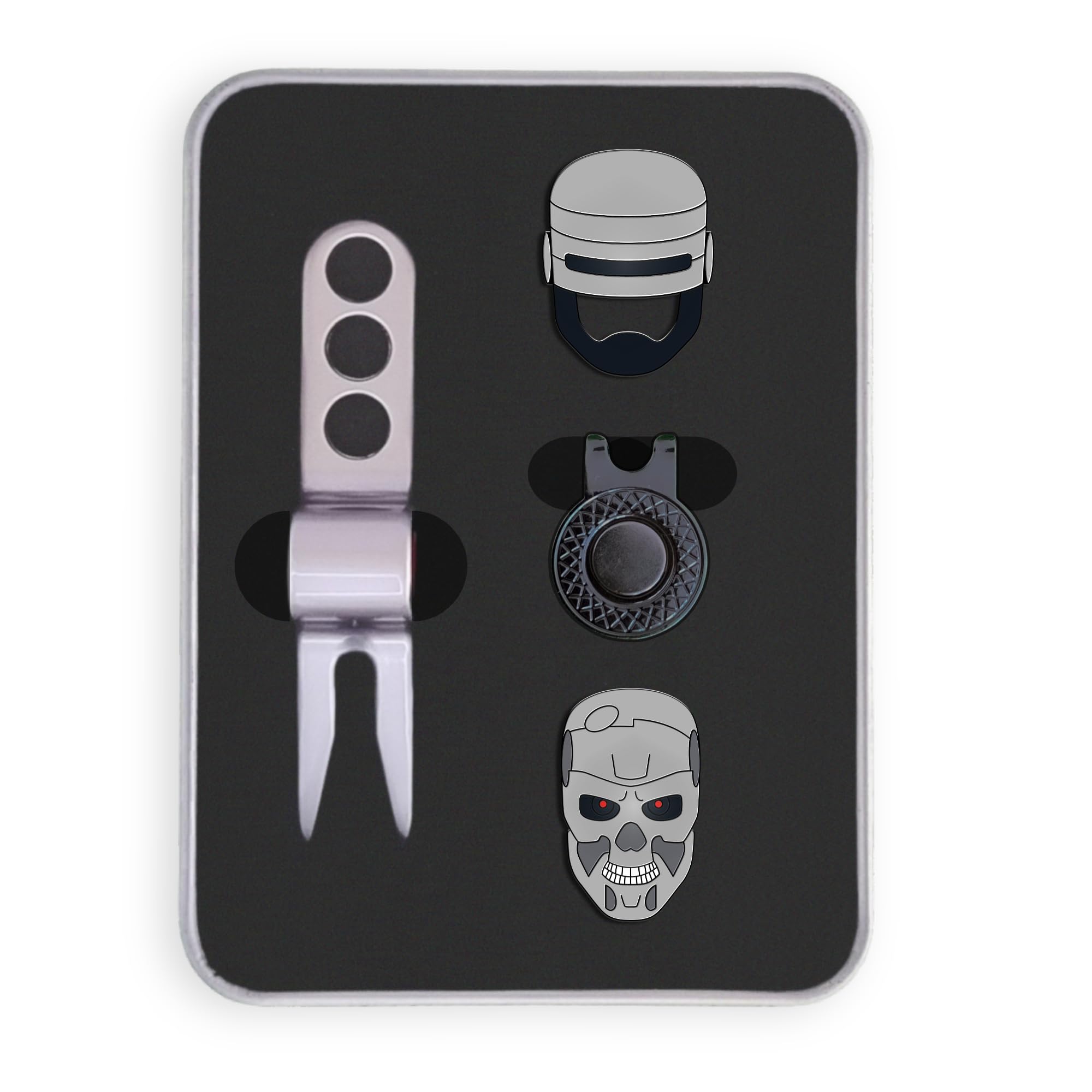 Golf Ball Marker Gift Set - Robo | Terminator Markers + Hat Clip + Divot Tool (Gift Tin)