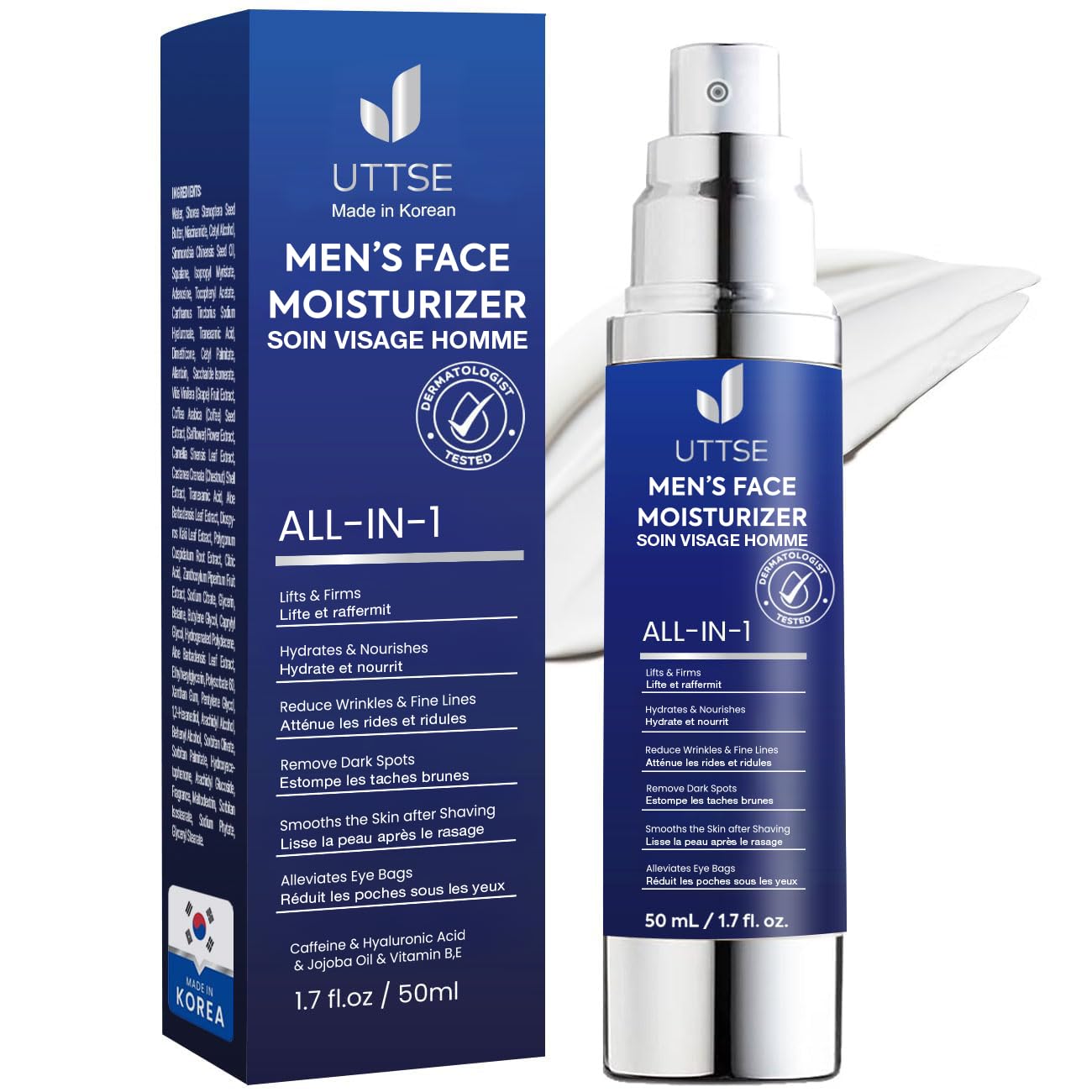 6-in-1 Mens Face Moisturizer: Face Cream for Men - Reduce the Look of Eye Bags, Dark Circles, and Puffiness - Skin Care for Men - 1.7 fl oz - Made in Korea