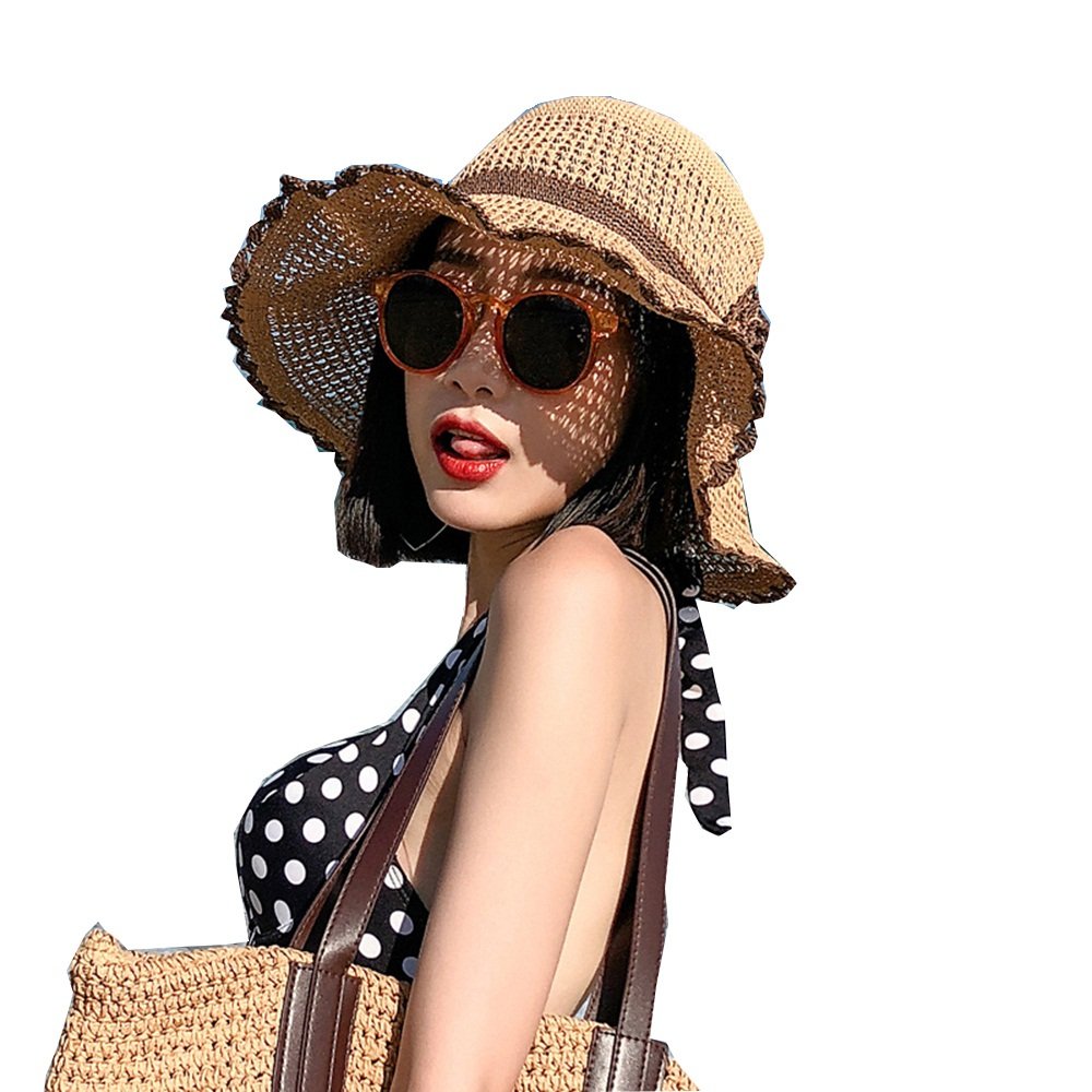 Ms Summer Sun Hat Sombrero de Playa Plegable Sombrero de ala Ancha Forma de Flor Tridimensional Visera Parasol Sombrero de Paja Fresco y Seco (Color : Beige) (Caqui)
