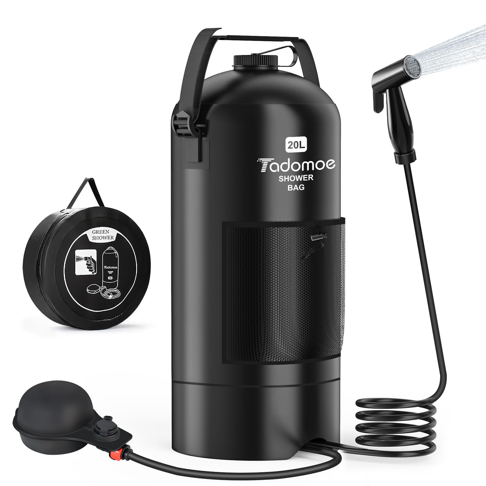 20l Douche Solaire Camping Portable avec Pompe à Pied & Tuyau 2m - Sac de Douche Extérieur Pliable avec Pommeau et Sac - Idéal pour Voyage, Van, Plage, Chien et Jardin