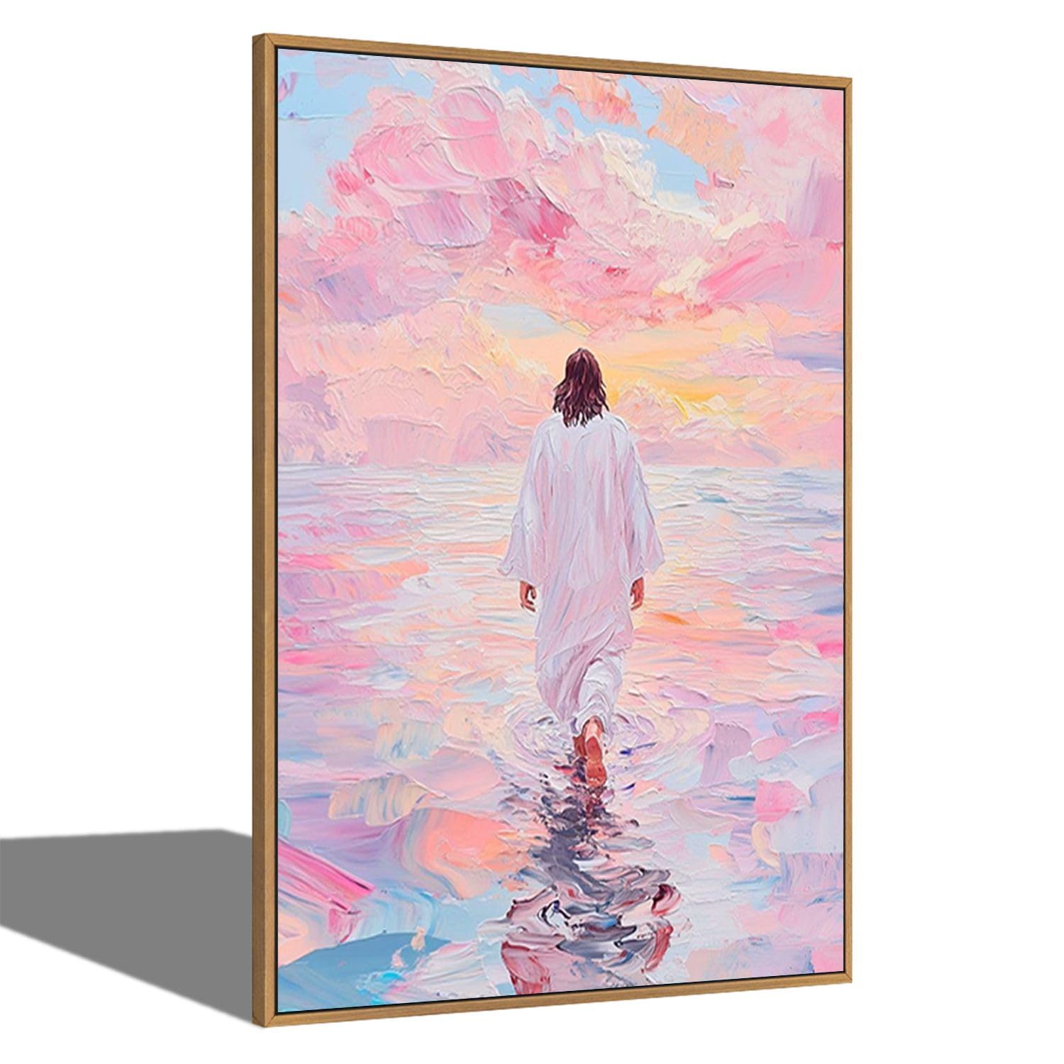 Jesus Walks on Water Under Pastel Pink Sky - Easter Resurrection Christian Wall Art Print Painting Serene Church, Home & Hotel Decor - 16“x24" Framed Canvas with Divine Spiritual Theme