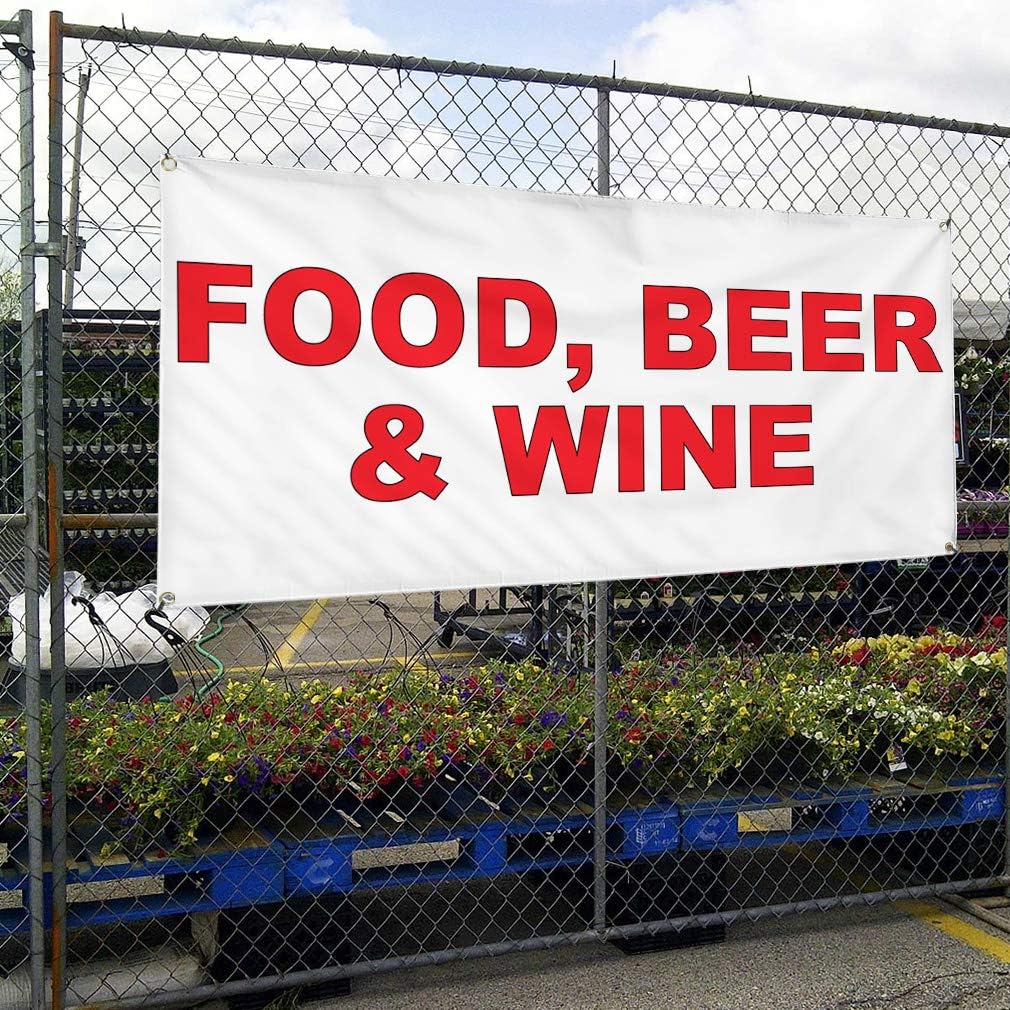 Vinyl Banner Multiple Sizes Food, Beer& Wine Red Food Bar Restaurant Truck Restaurant & Food Outdoor Weatherproof Industrial Yard Signs 4 Grommets 16x40Inches