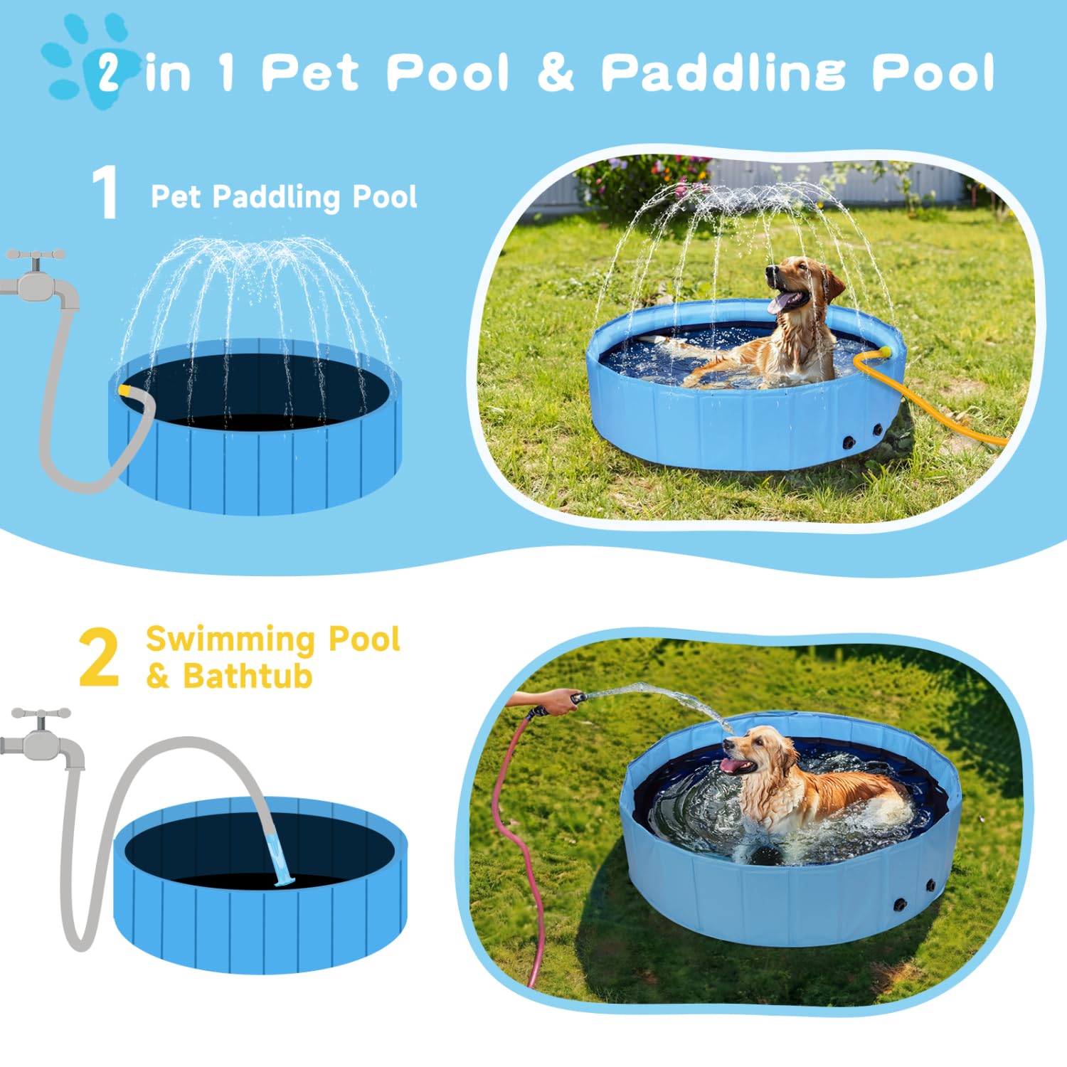 Nobleza Piscina para Perros Plegable Portátil PVC 160x30cm Antideslizante Bañera con Aspersor 2 en 1