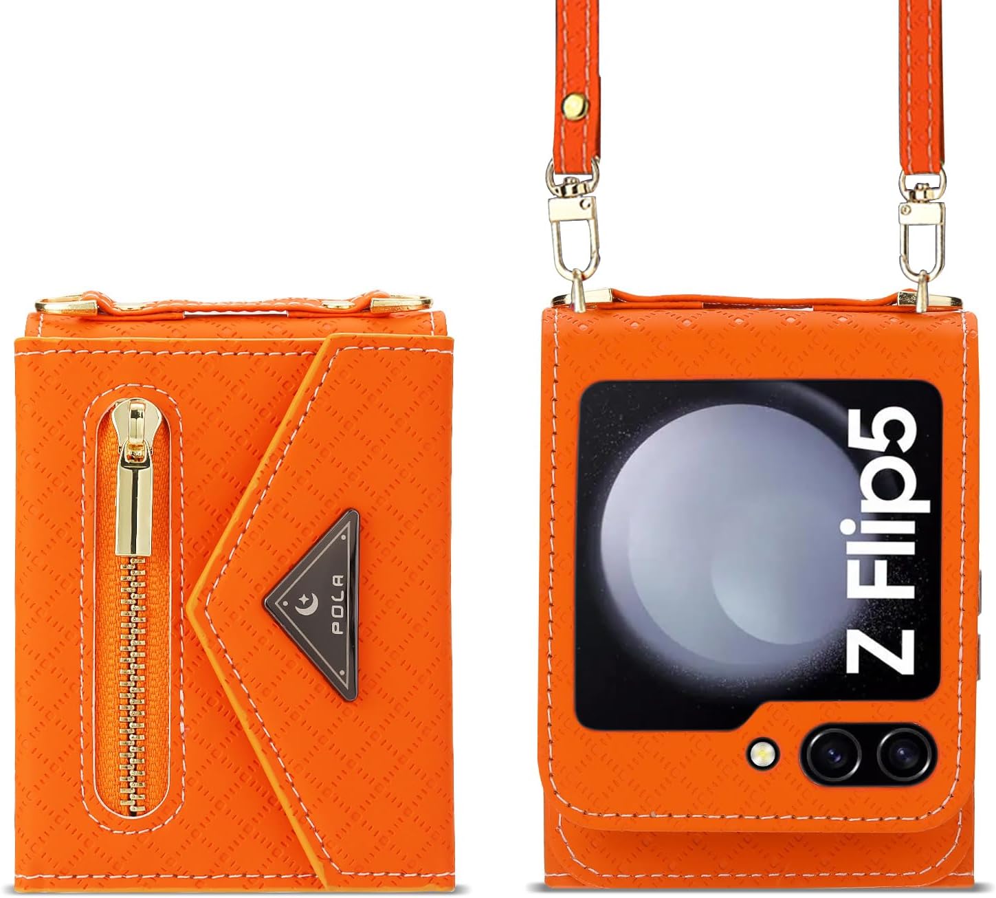 Zipper Wallet Purse for Samsung Galaxy Z Flip 5 5G Crossbody Case with Credit Card Holder Strap Lanyard Women Kickstand Flip Leather (Orange, Z Flip 5)