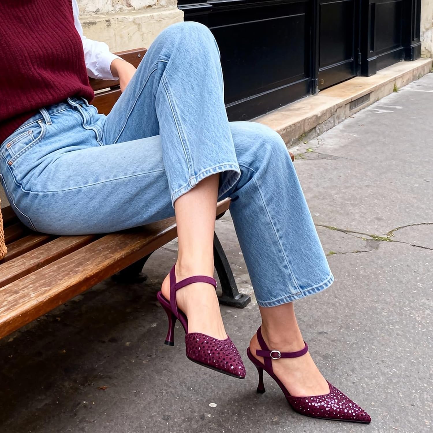 CORNMOOD Slingback Kitten Heels for Women Pointed Closed Toe Pumps Low Stiletto Heels with Buckle Strap Shoes for Wedding Party Office