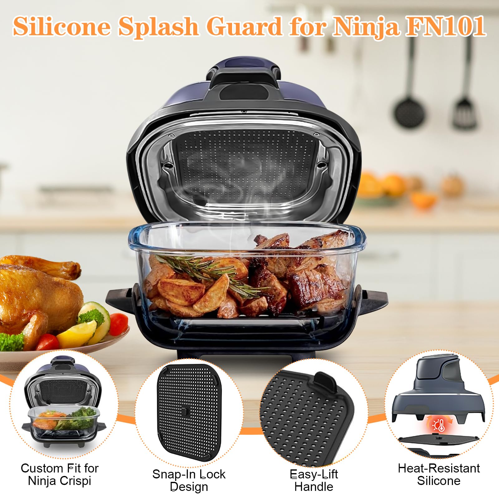 2 Pack Silicone Splash Guard for Ninja FN101 Airfryer, Reusable Heat Resistant Oil Splatter Mat with Secure Lock Tabs & Easy-Lift Handle, Ninja Crispi Air fryer Protector Accessory