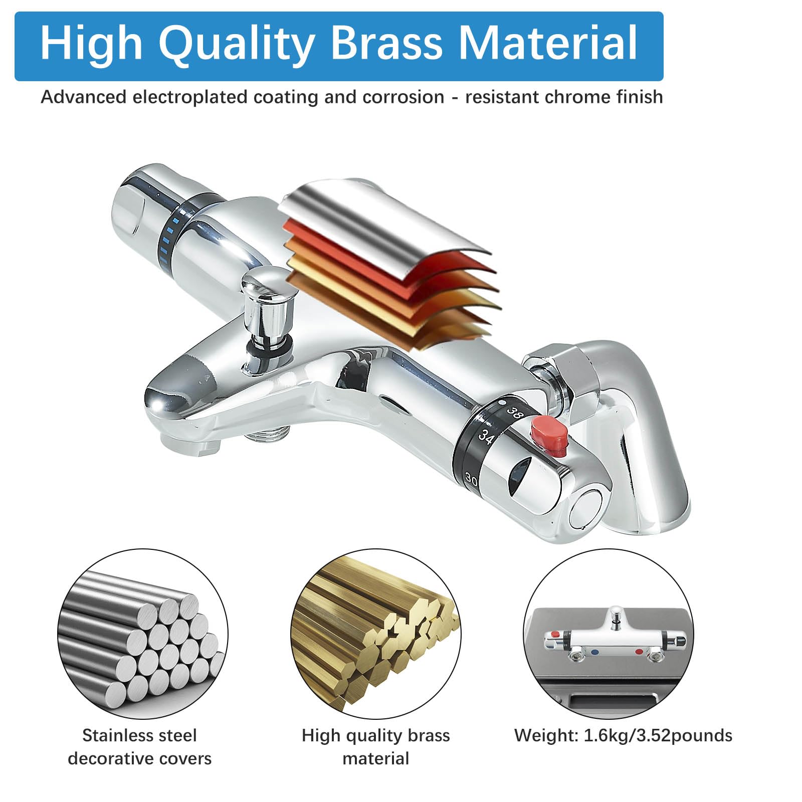 ZAMERY Thermostatic Bath Shower Mixer Tap Deck Mounted Solid Brass Bathtub Shower Mixer Bar Valve with 38°C Safety Anti-Scald - Image 4