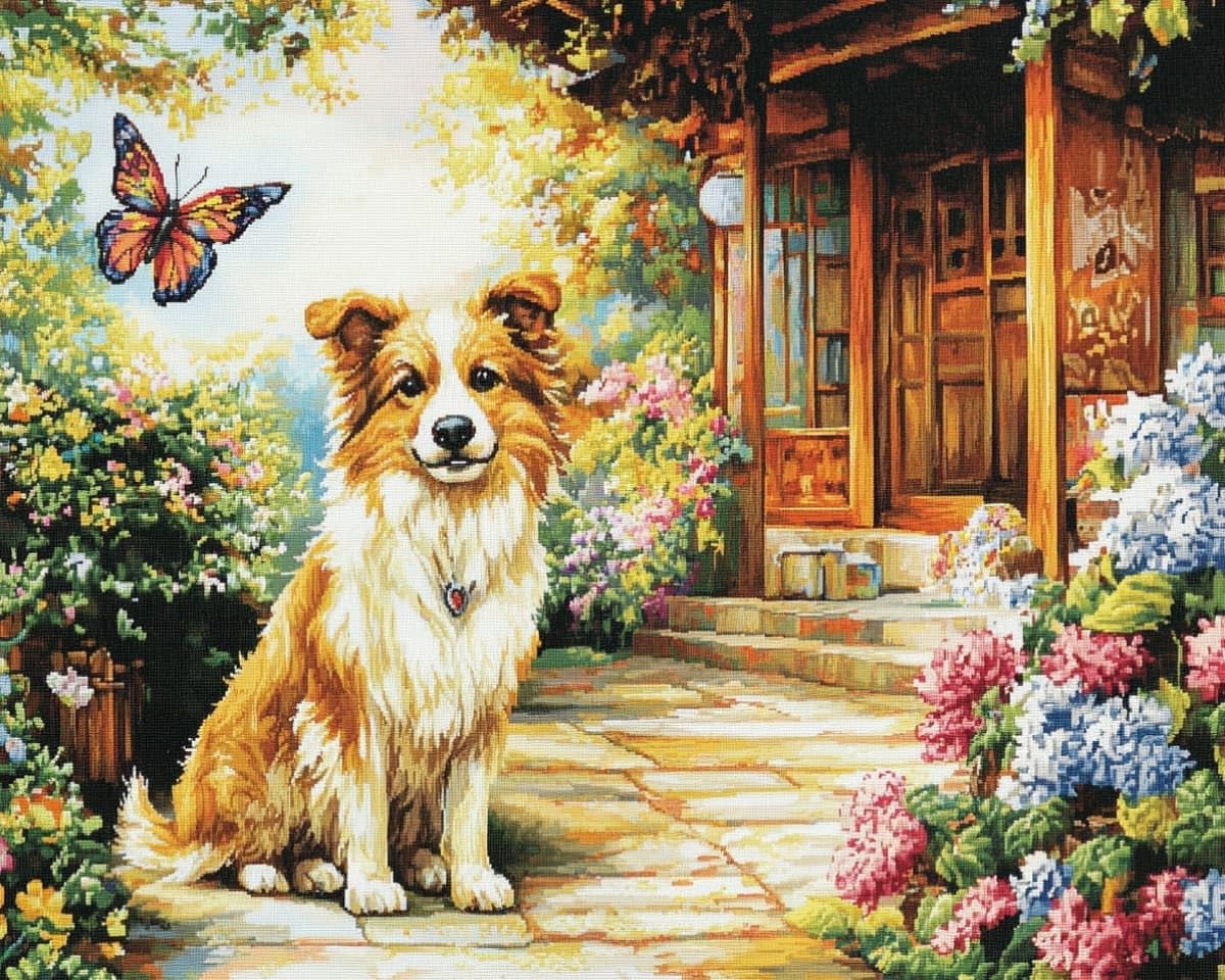 AxiangziK 12x16in Stamped Cross Stitch Kits for Beginners,Flowers and Dogs in the Yard DIY Cross Stitch Patterns Kits for Adults,11 CT Arts Craft for Home Decor