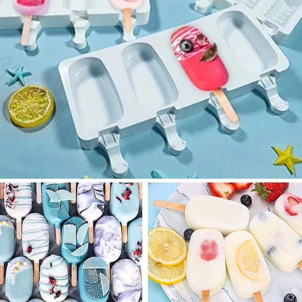 Moldes de Helado,8 Pack Juego de Moldes para Polos, 2 Unidades Molde de Silicona para Helados de Chocolate, con 4 Cavidades y 100 Palos de Madera, sin BPA Helado DIY