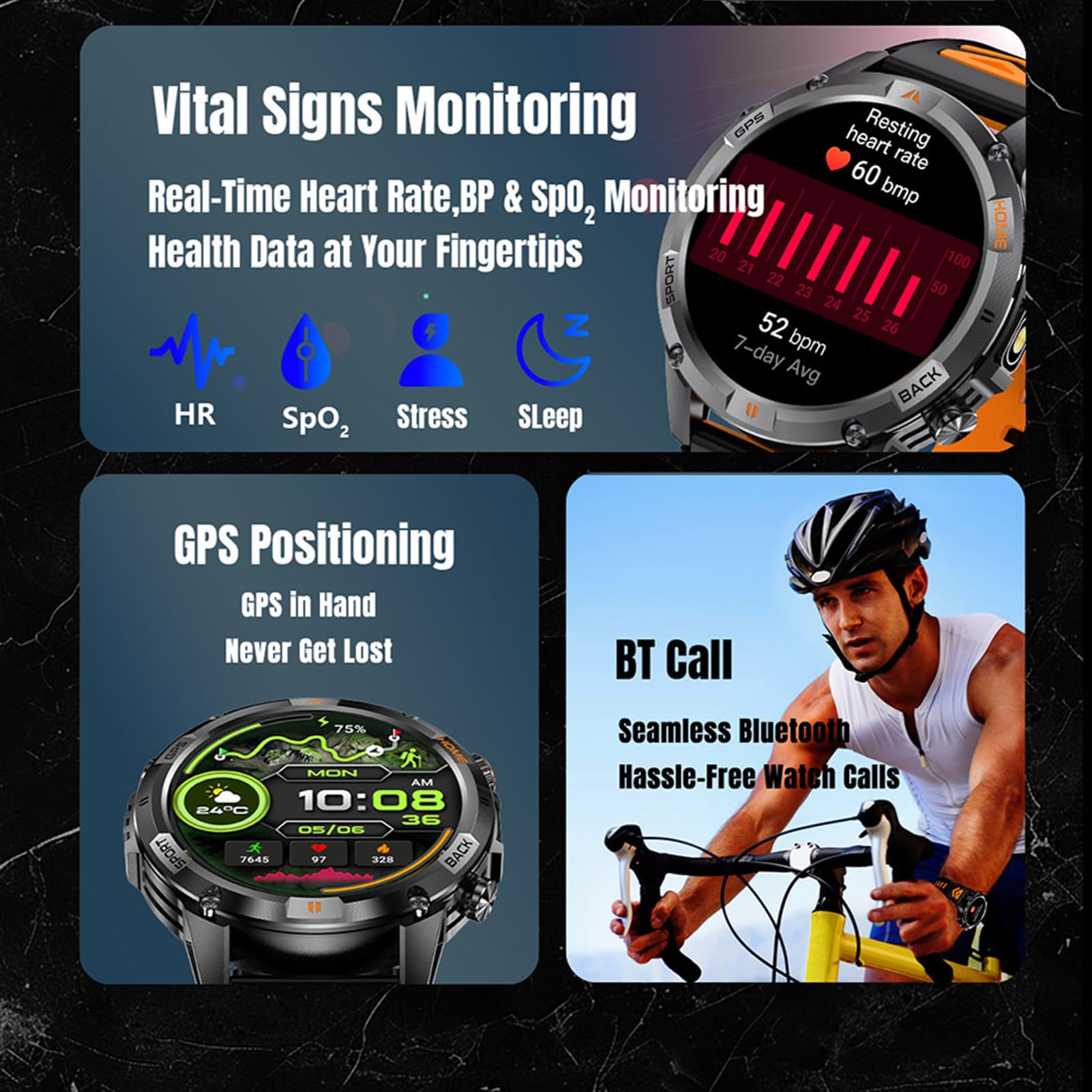 Orologio Sportivo Intelligente, Tracker di attività GPS con Risoluzione 360x360 da 1,46 Pollici con Oltre 100 modalità di Allenamento, per IOS Corsa Nuoto Escursionismo Sport (e arancione)