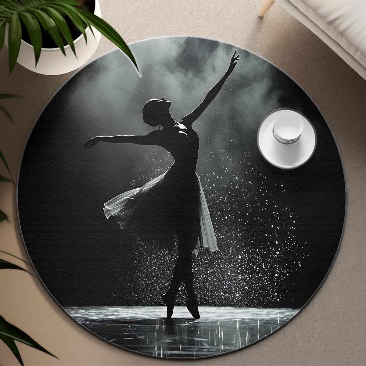Tapis Rond de Style Noir et Blanc 100cm Danse Fille Motif Lavable à Poils Ras antidérapant Mince Cercle Tapis pour Armoire Maison Couloir Salle de Jeux