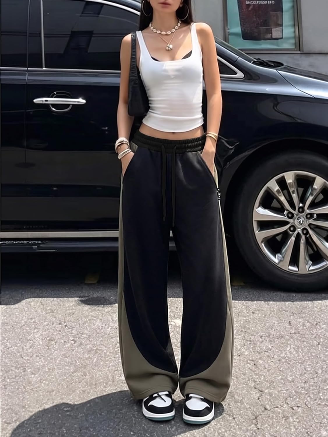 EMMIOL Barrel Sweatpants for Women, Baggy High Waisted Y2K Barrel Leg Joggers with Contrast Side Panels and Pockets