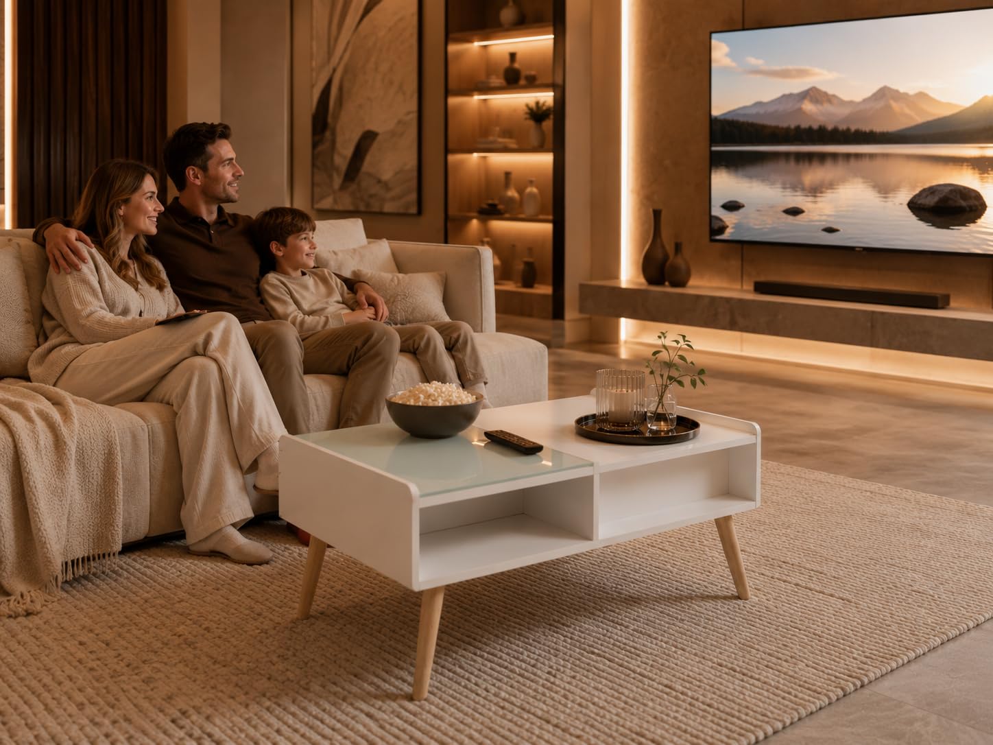 Couchtisch Wohnzimmertisch ausziehbar - mit höhenverstellbarer Platte und verstecktem Stauraum Sofatisch Kaffeetisch Beistelltisch - Fernsehtisch aus Holz und Glas Wohnzimmer Möbel Tisch Weiß