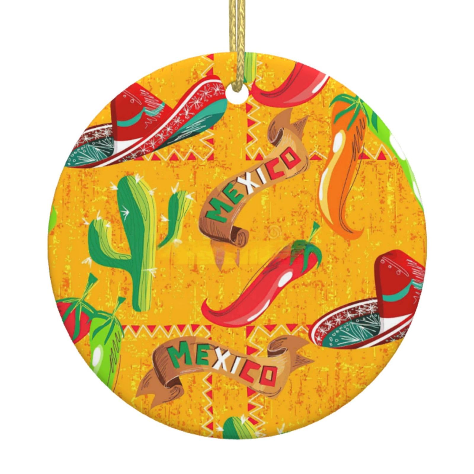 Cactus Hat And Chili Pepper Print Christmas Ornaments, Ceramic Hanging Ornament, Round Shape Decorations