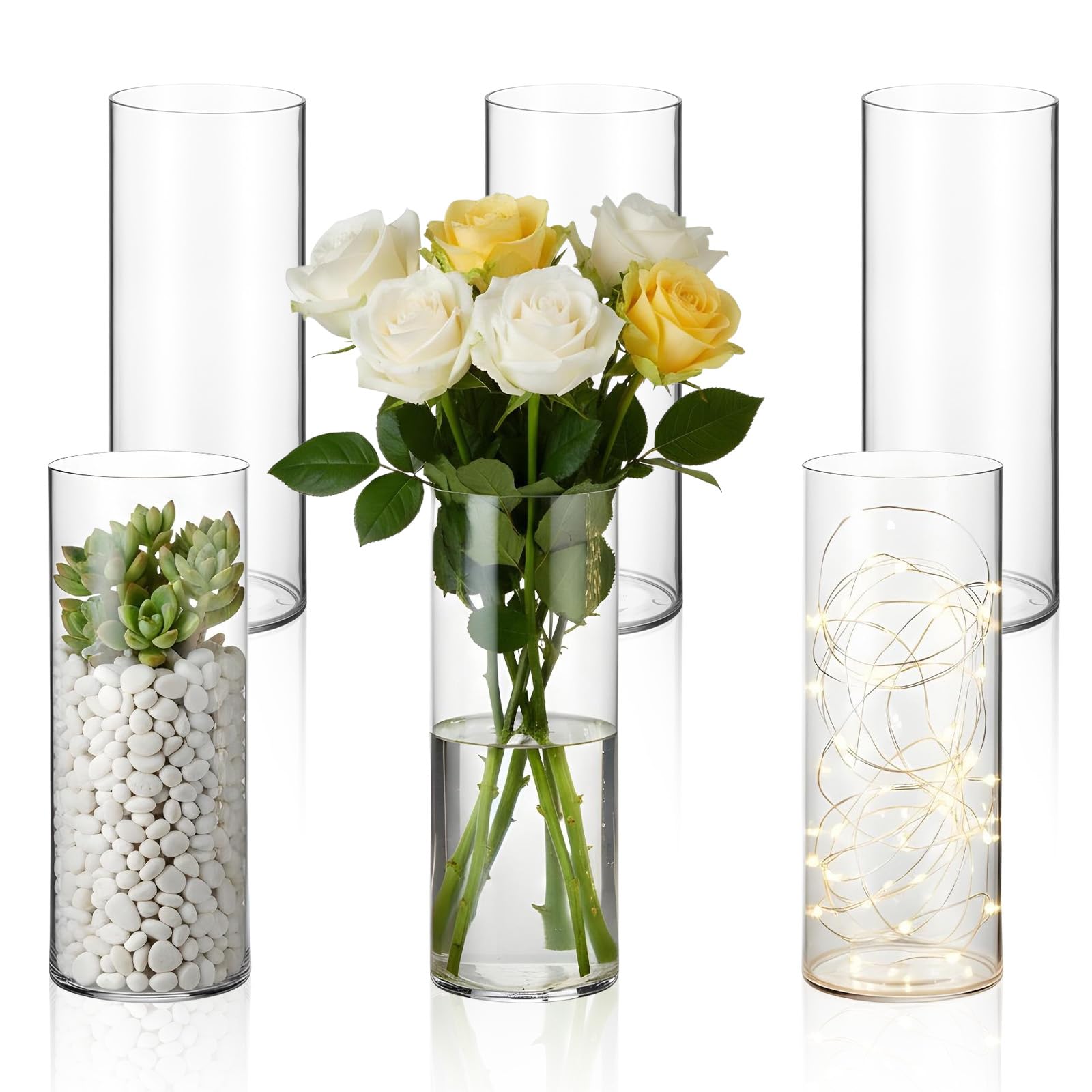 Photo 1 of 6 Pcs 10 Inch Plastic Clear Cylinder Vase for Home Acrylic Flower Clear Vase Centerpiece for Centerpieces Wedding Party Decorations Opening Round