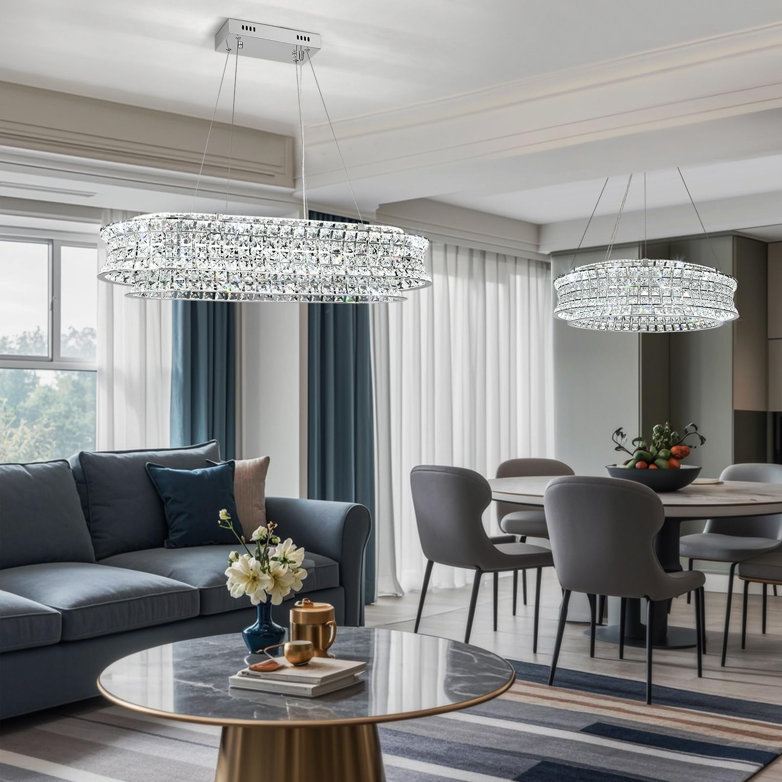 Lampadario moderno di cristallo per il soggiorno, luci a sospensione a LED cromate, lampada a sospensione ovale di cristallo per soggiorno, sala da pranzo, ristorante, 80 x 35cm
