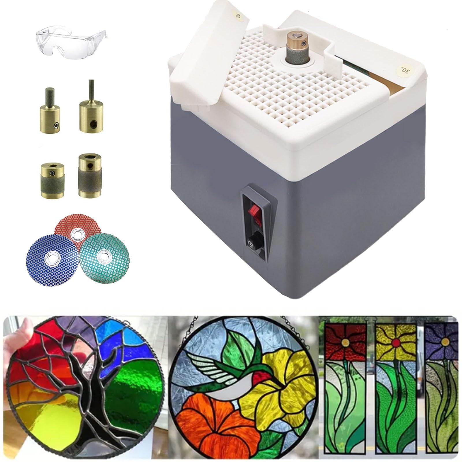 Neuer Buntglasschleifer mit 1"、3/4"、1/4"、1/8" Schleifaufsätzen + 3 Schleifscheiben + Schutzbrillen, 30°, 45°, 60°, 90° Mehrwinkelschleifen, for Diamant-Keramikschalenkunst for Selbermachen