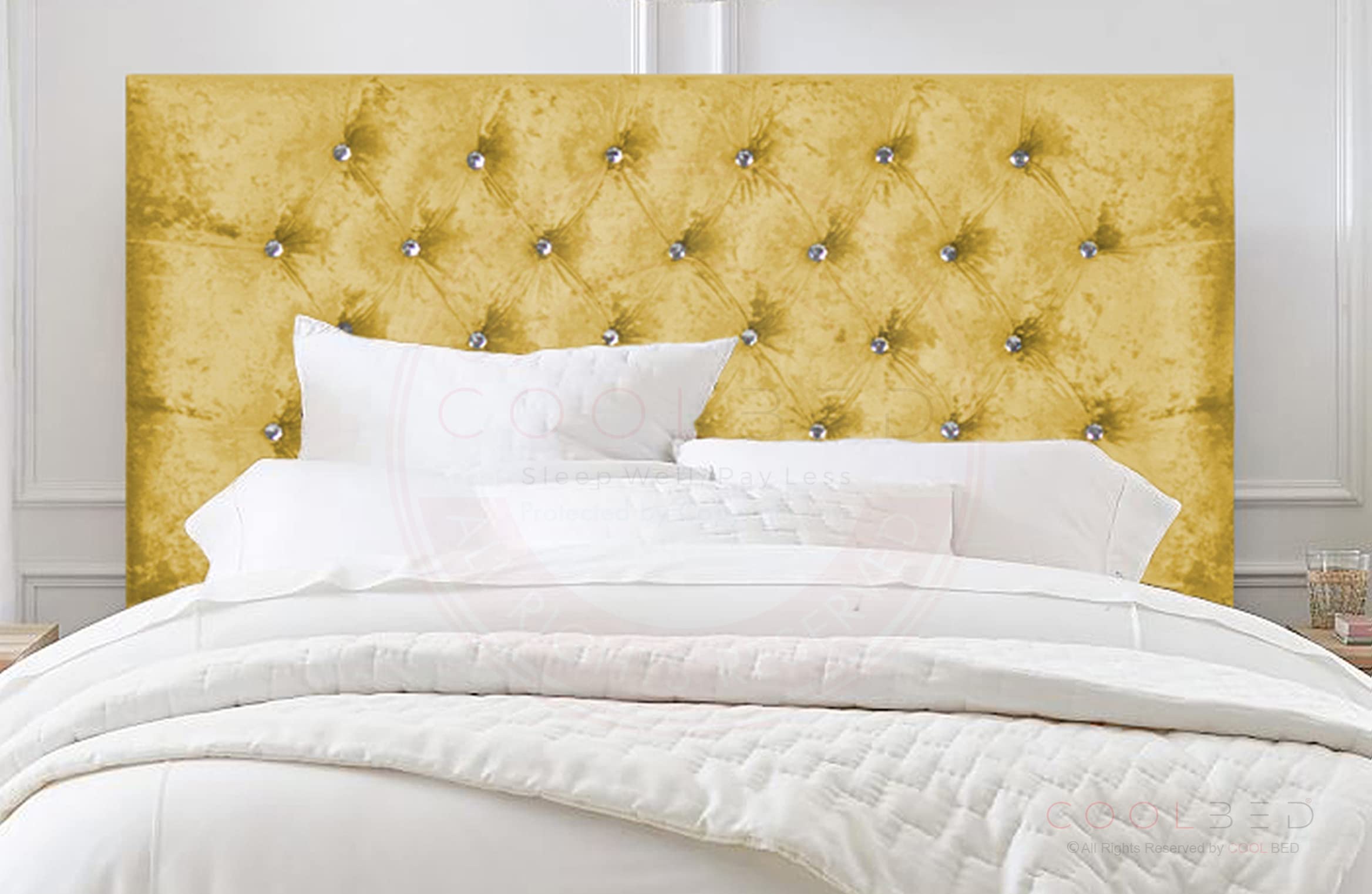 CHESTERFIELD HEADBOARD FOR SINGLE | SMALL DOUBLE | DOUBLE | KING SIZE | SUPER KING CRUSHED VELVET DIVAN BED HEADBOARDS IN 20" AND 26" HEIGHT (GOLD - 20" HEIGHT, KING SIZE - 5FT)