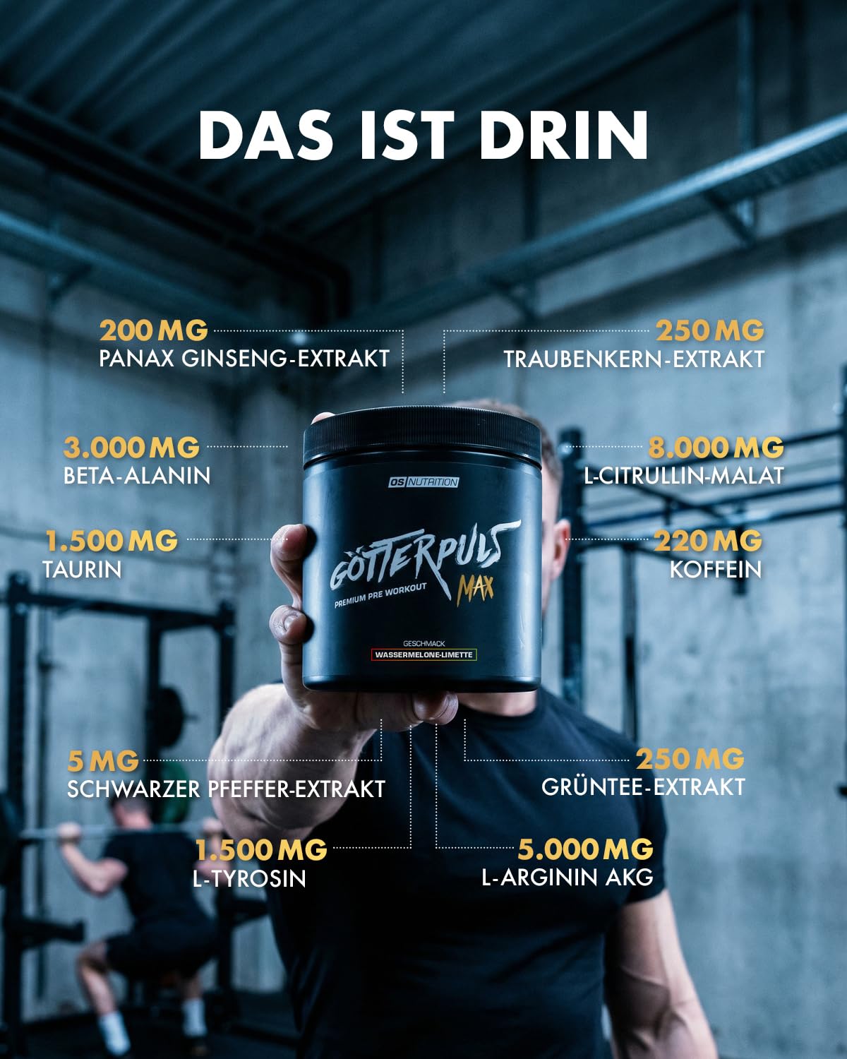 Götterpuls MAX Pre Workout 396g Pulver Wassermelone-Limette | Mit 8.000mg L-Citrullin-Malat & 5.000mg AAKG – 220mg Koffein pro Portion – Für Kraftsport – Vegan – 18 Portionen
