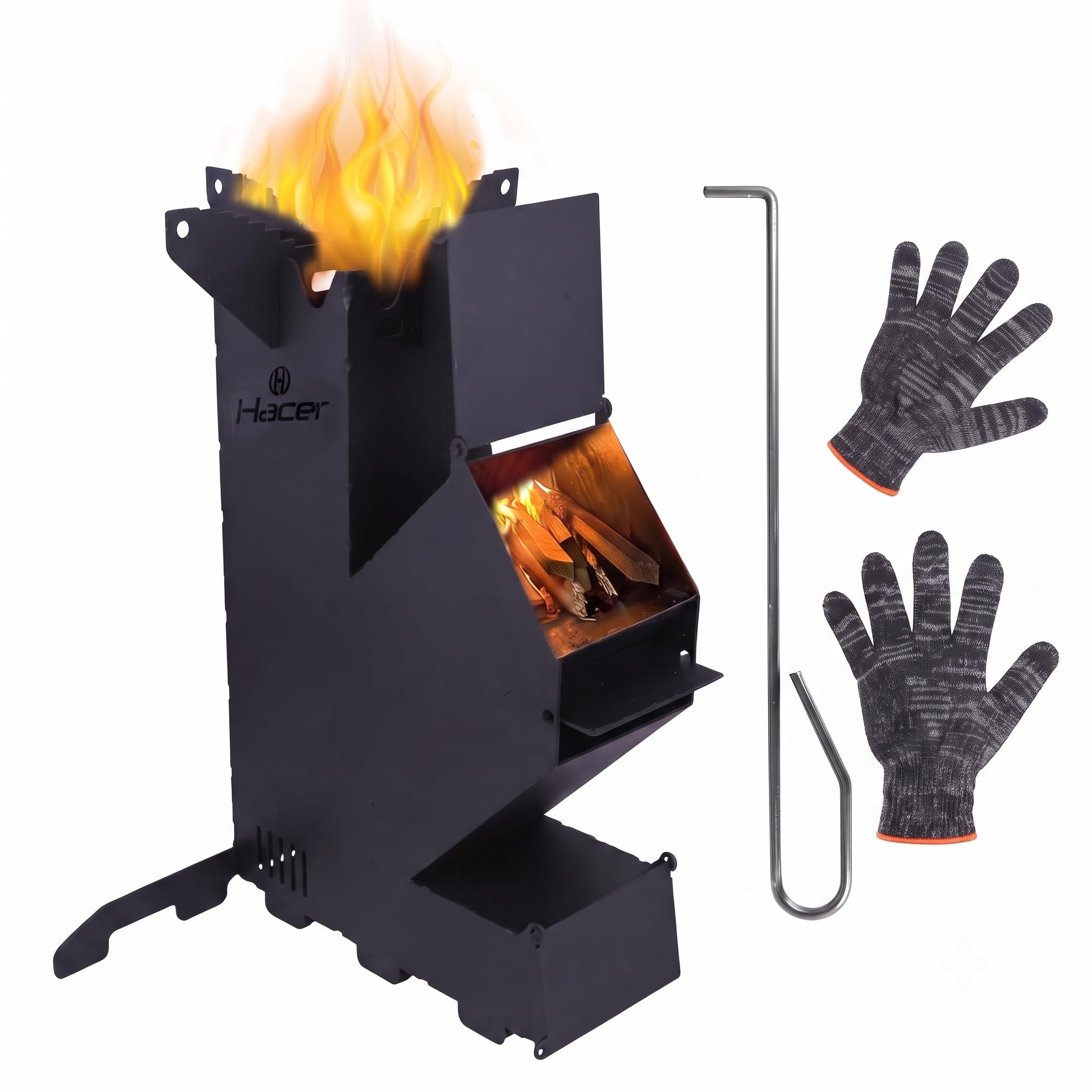Hacer Portable Rocket Stove Wood Mini Burning Wooden Chulha with Large Fuel Chamber Carry Bag Fire Poker & Safety Hand Gloves for Outdoor Cooking Camping Picnic - Set of 1
