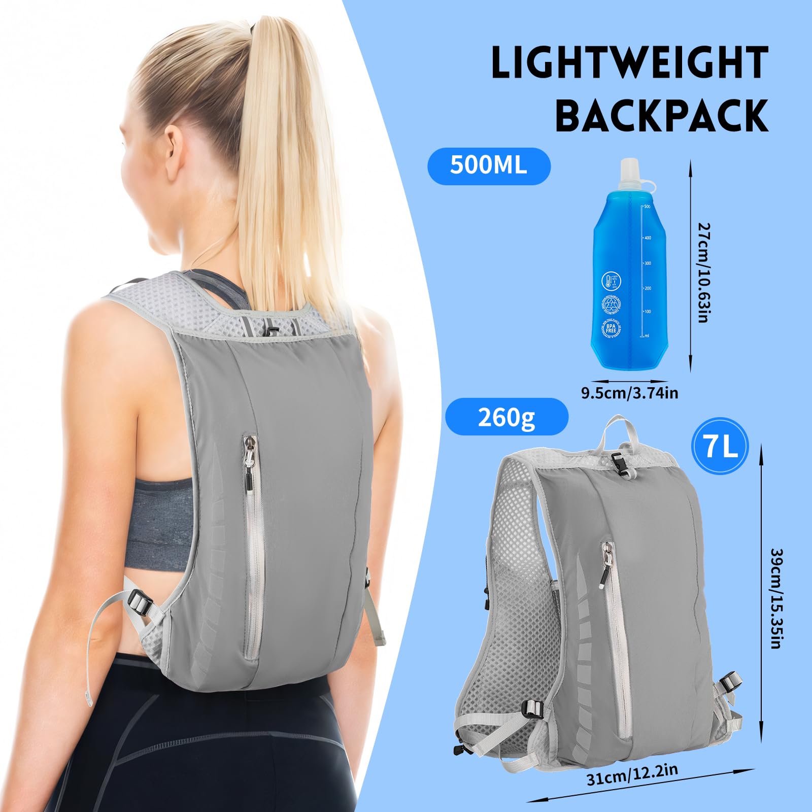 Expansea Zaino da Corsa 7L, Super Leggero Zaino Uomo & Donna, Tasche Multiple, Running Vest With Borraccia Morbida 500ml per Ciclismo, Maratona,Corsa, Arrampicata e Altri Sport All'Aria Aperta