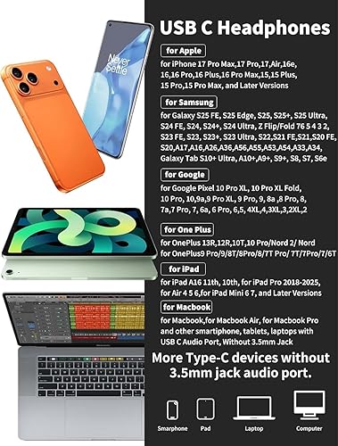 Miniatura 7 de Auriculares USB C para iPhone 17 Pro Max Air 16 16e 15 Tipo C Auriculares para iPad A16 10 Auriculares magnéticos con cable Samsung S25 FE S24 Ultra