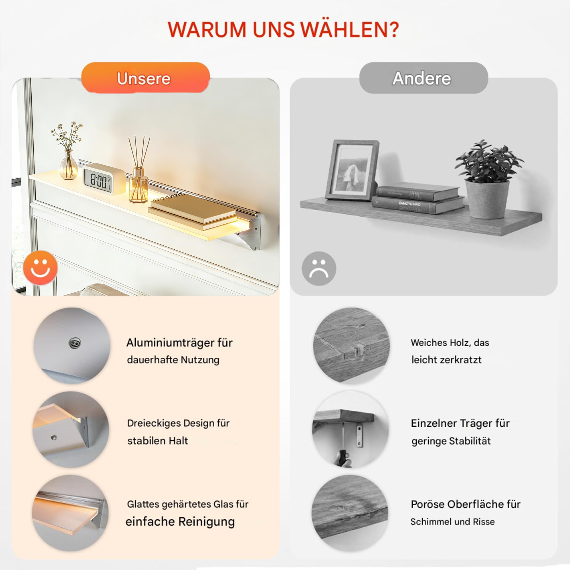 Estante de pared LED 60 cm cristal iluminación LED 3 modos color aluminio