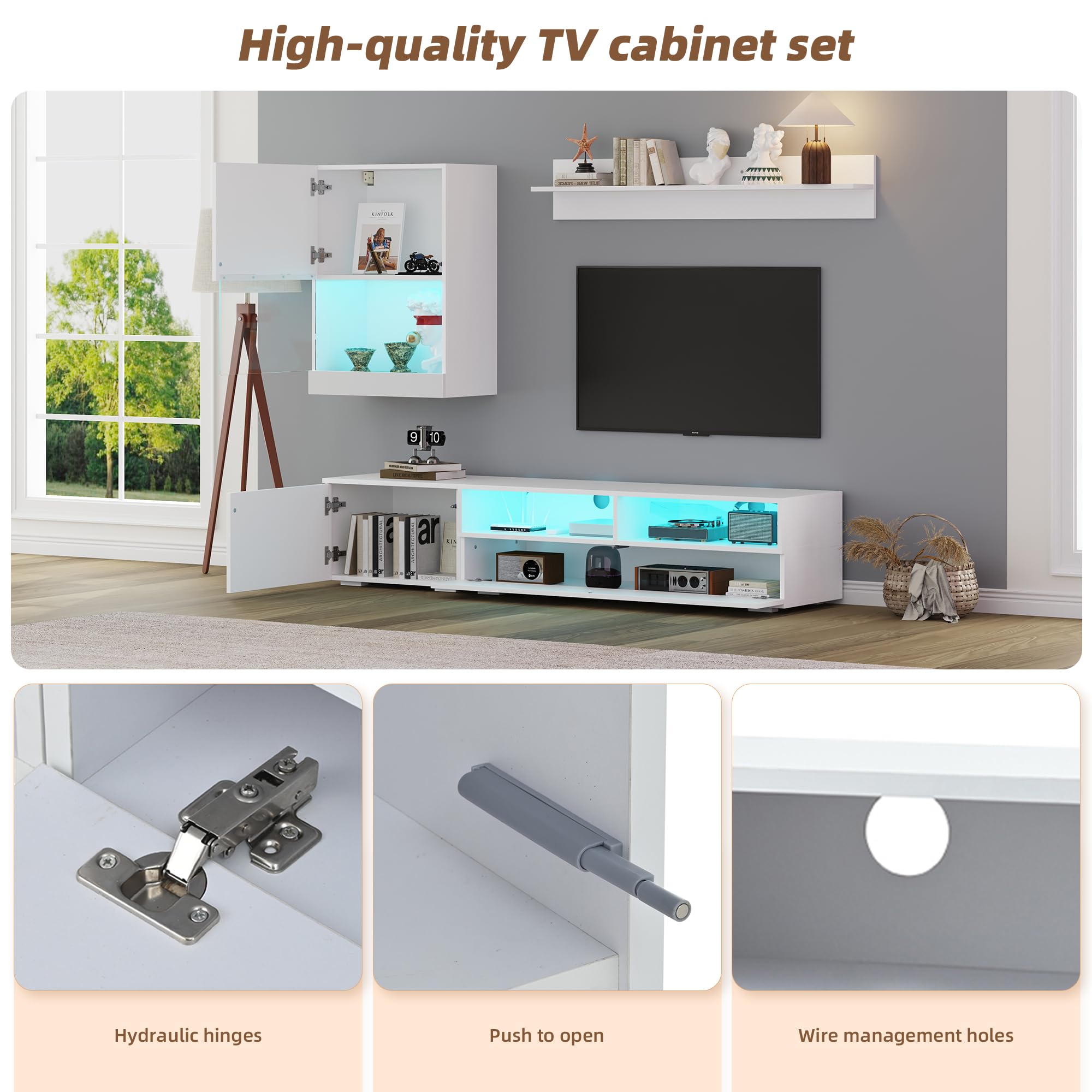 Set da parete per TV, 175 x 39 x 34 cm, con vetrina (set completo, 3 pezzi), supporto per TV, mensola e mensola da parete, con LED e lucido, mobile TV (bianco)