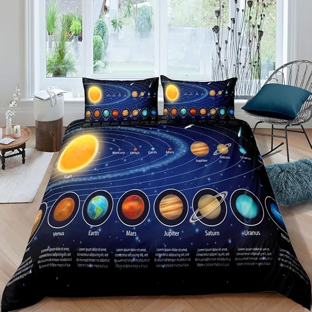 Solar System Duvet Cover Set Galaxy Outer Space Bedding Set for Kids Boys Girls Universe Planets Comforter Cover Astronomy Quilt Cover Bedroom Collection 3Pcs Double Size